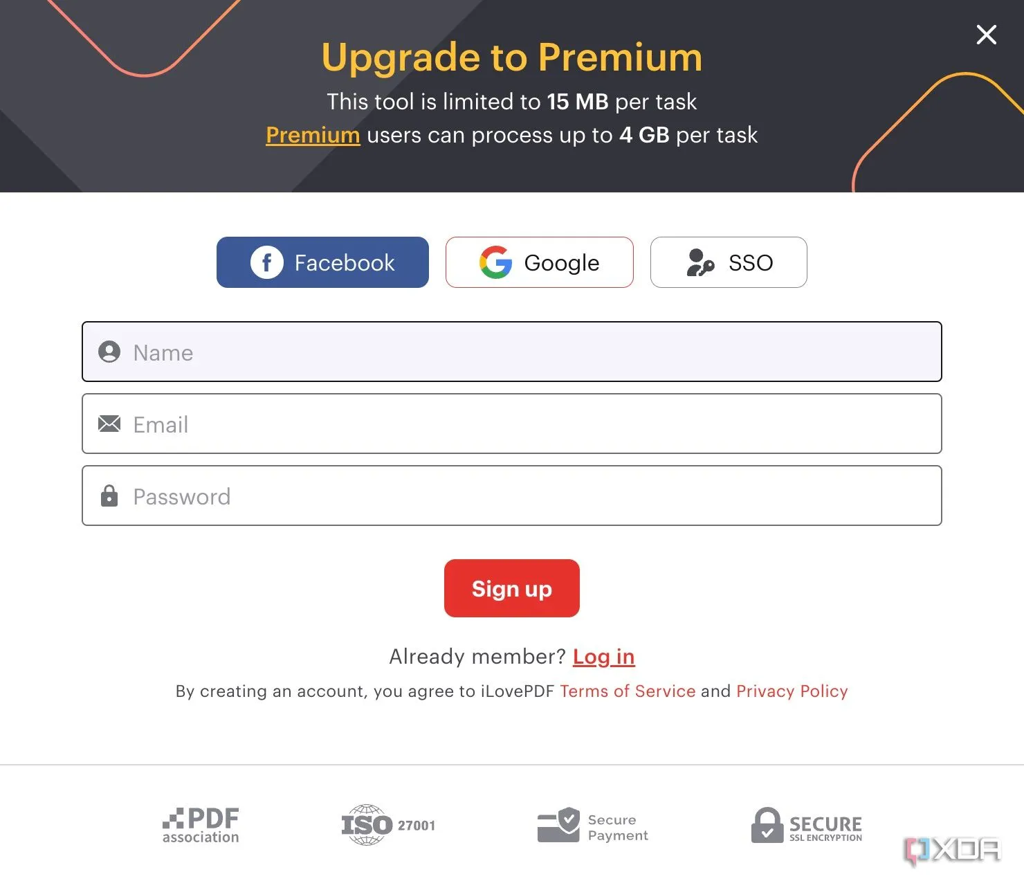 Giao diện yêu cầu nâng cấp lên tài khoản Premium của iLovePDF, minh họa vấn đề giới hạn tính năng miễn phí.