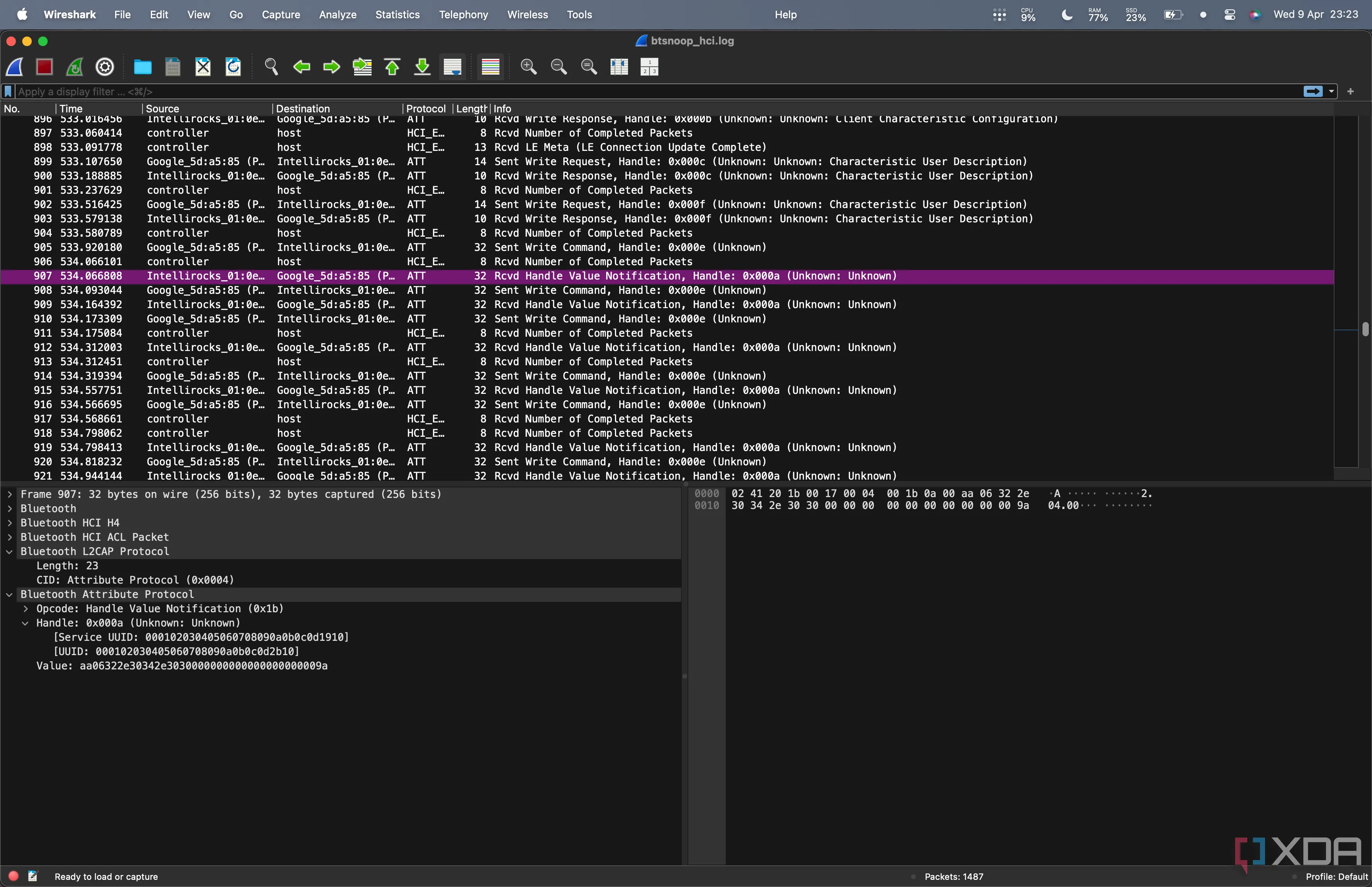 Gói tin Notification được ghi lại bằng Wireshark từ đèn Govee, cung cấp thông tin quan trọng về các characteristic để điều khiển trạng thái