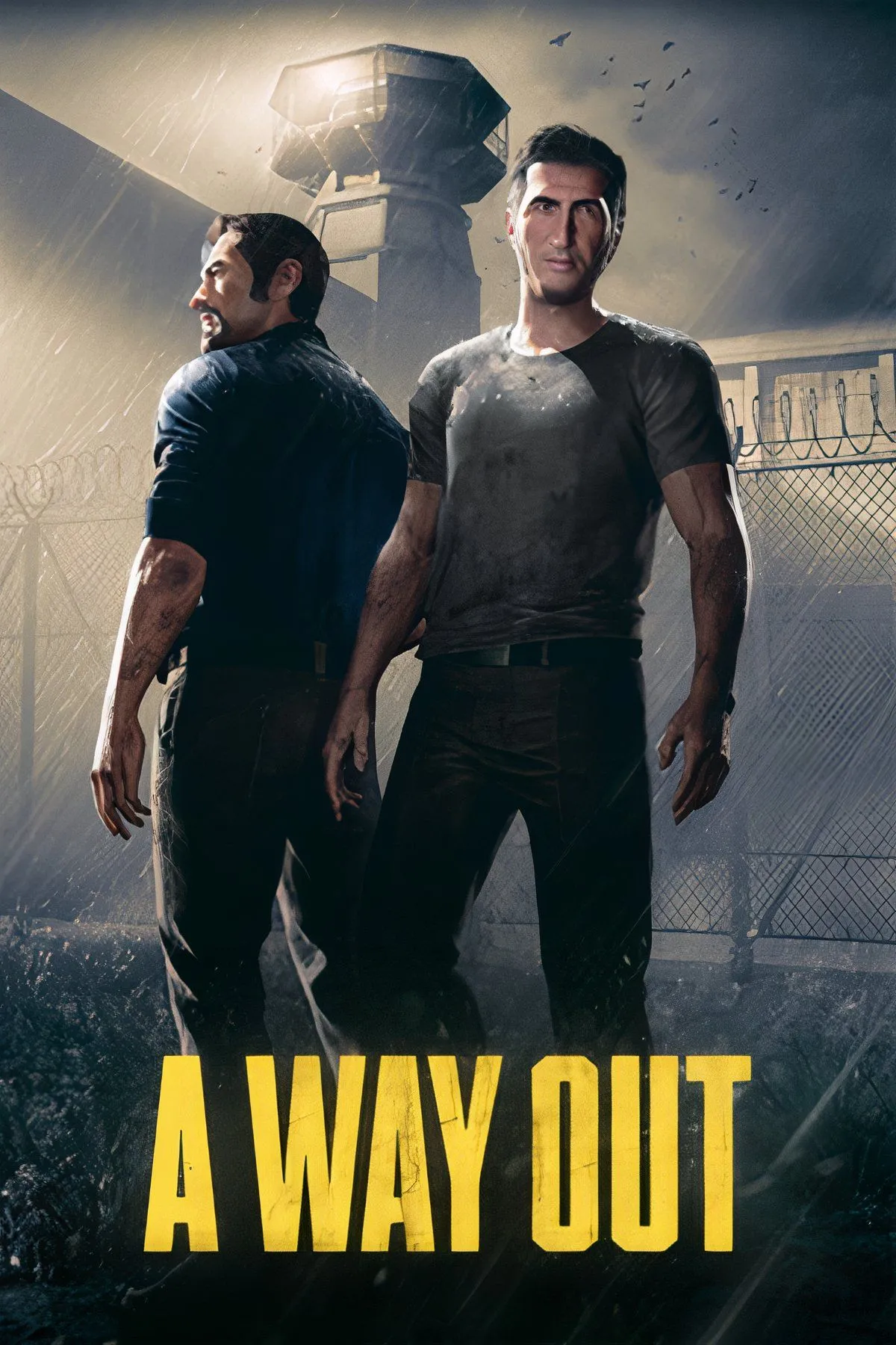 Hai nhân vật chính trong game A Way Out đang hợp tác để vượt ngục, thể hiện lối chơi co-op chia màn hình độc đáo.