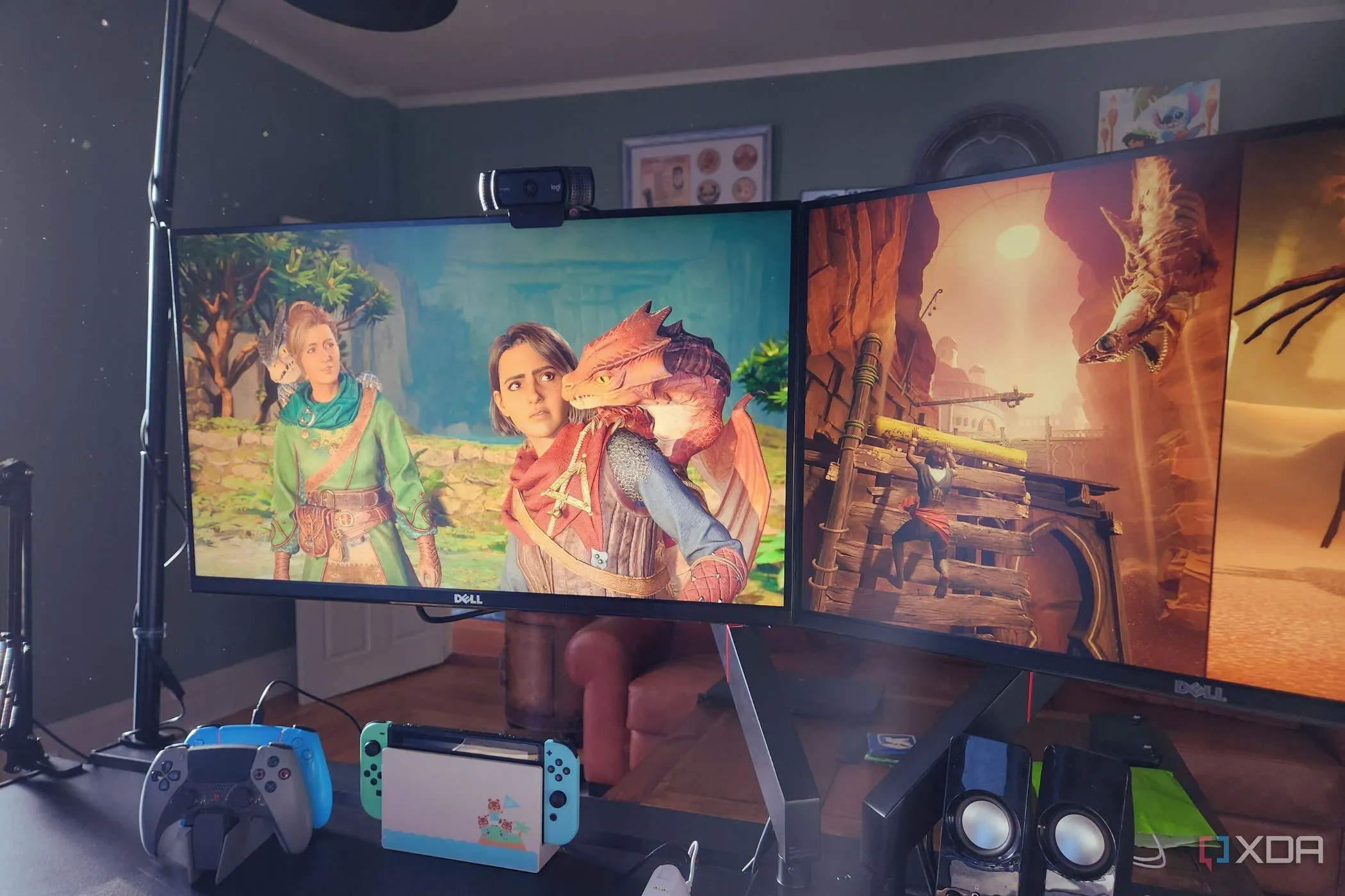 Hai nhân vật hoạt hình phản ứng với rồng trên màn hình máy tính chơi game co-op Split Fiction