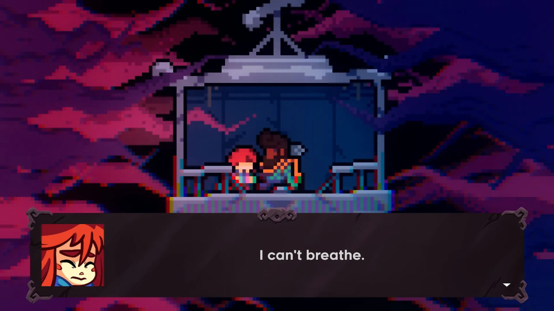 Hai nhân vật trong game Celeste đang ngồi trong cabin cáp treo và trò chuyện.