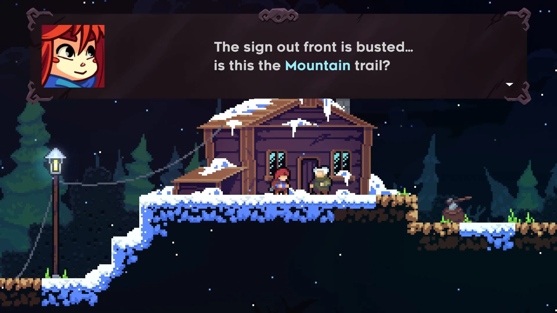 Hai nhân vật trong game Celeste đang trò chuyện bên trong căn nhà gỗ giữa khung cảnh tuyết trắng.