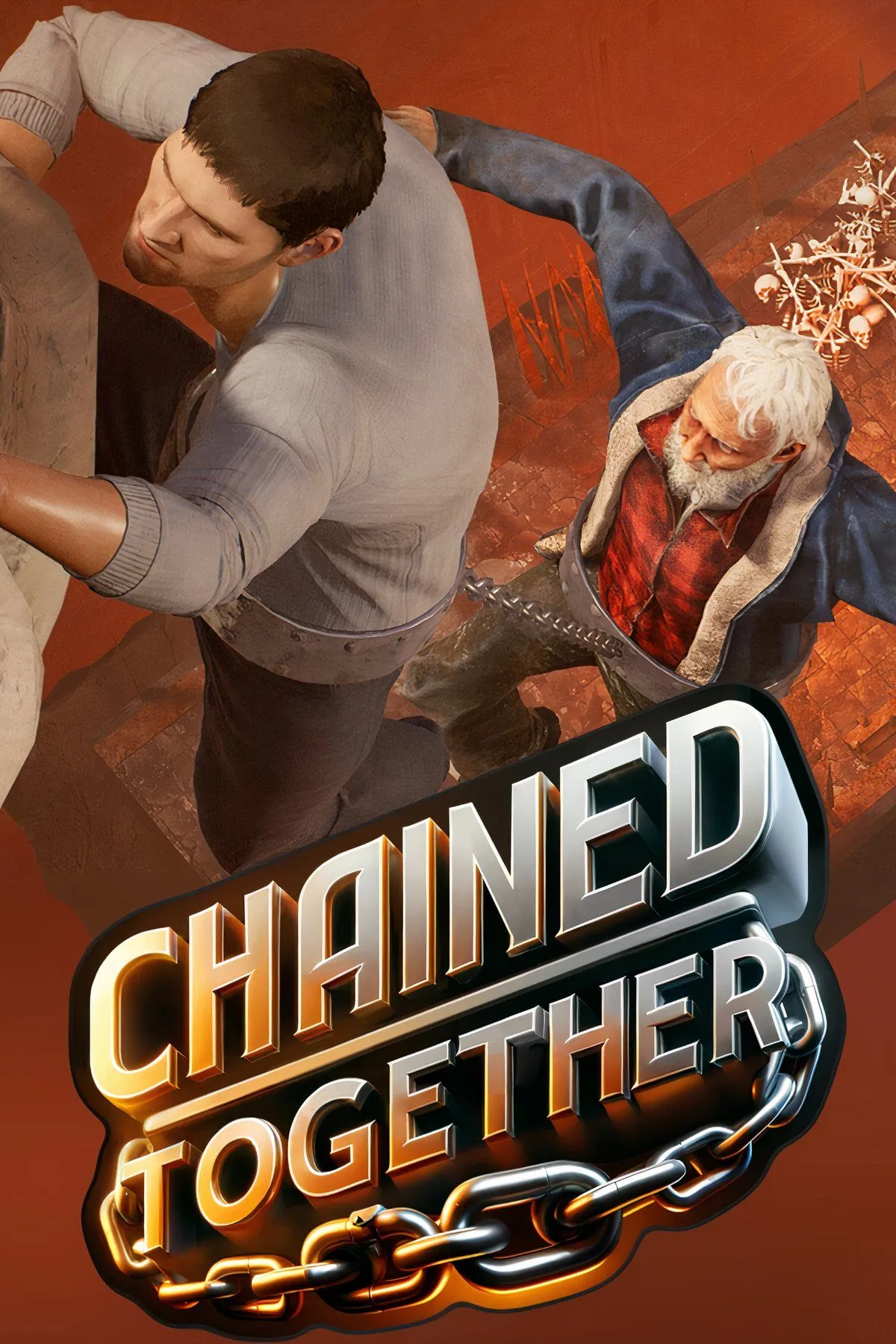Hai nhân vật trong game Chained Together bị xích vào nhau, đang cố gắng vượt chướng ngại vật trong môi trường đầy thử thách, thể hiện tinh thần hợp tác và sự căng thẳng của trò chơi co-op.