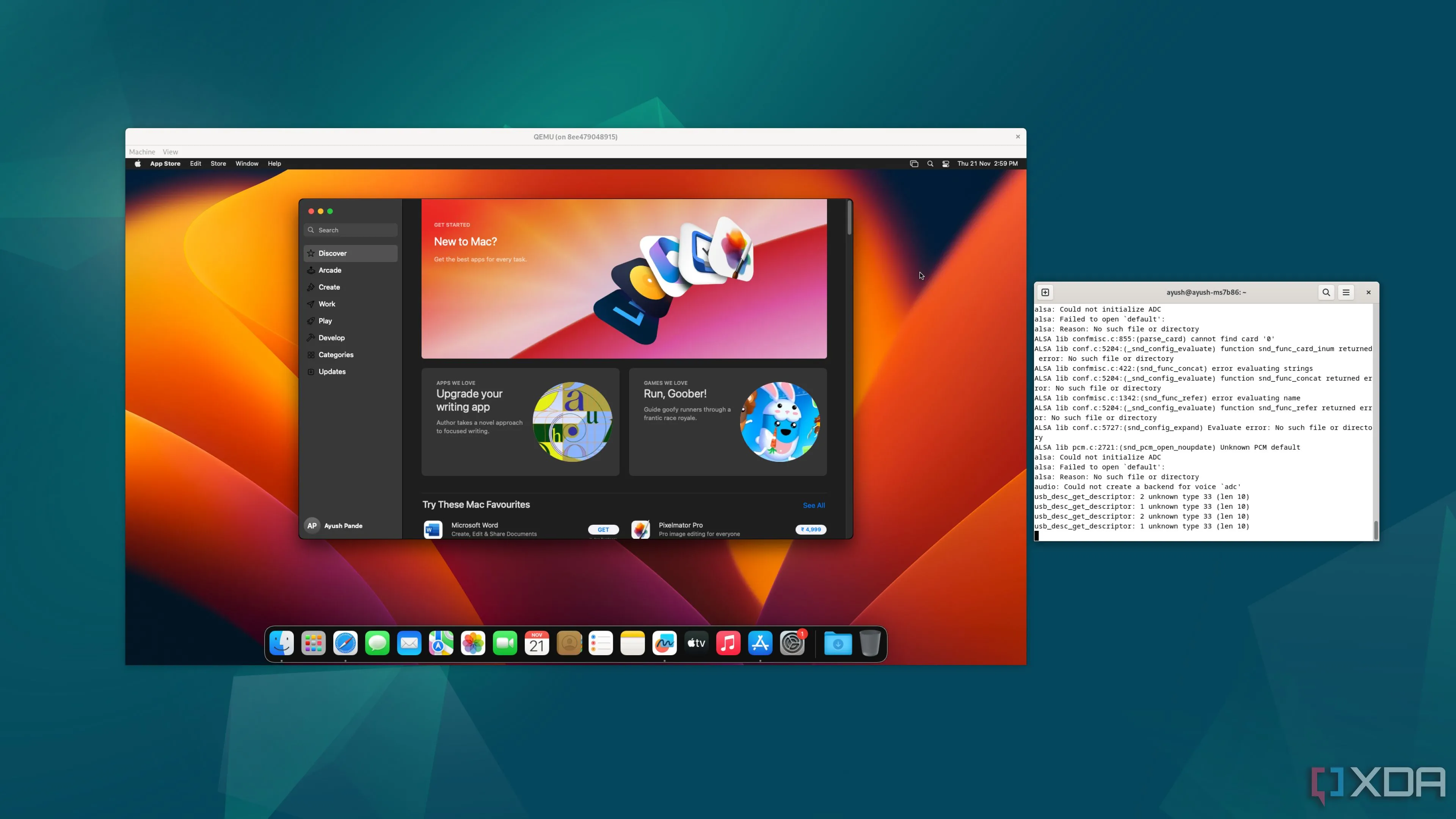 Hệ điều hành macOS được chạy bên trong Docker container, minh họa khả năng cô lập ứng dụng mạnh mẽ của Docker cho dự án cá nhân.