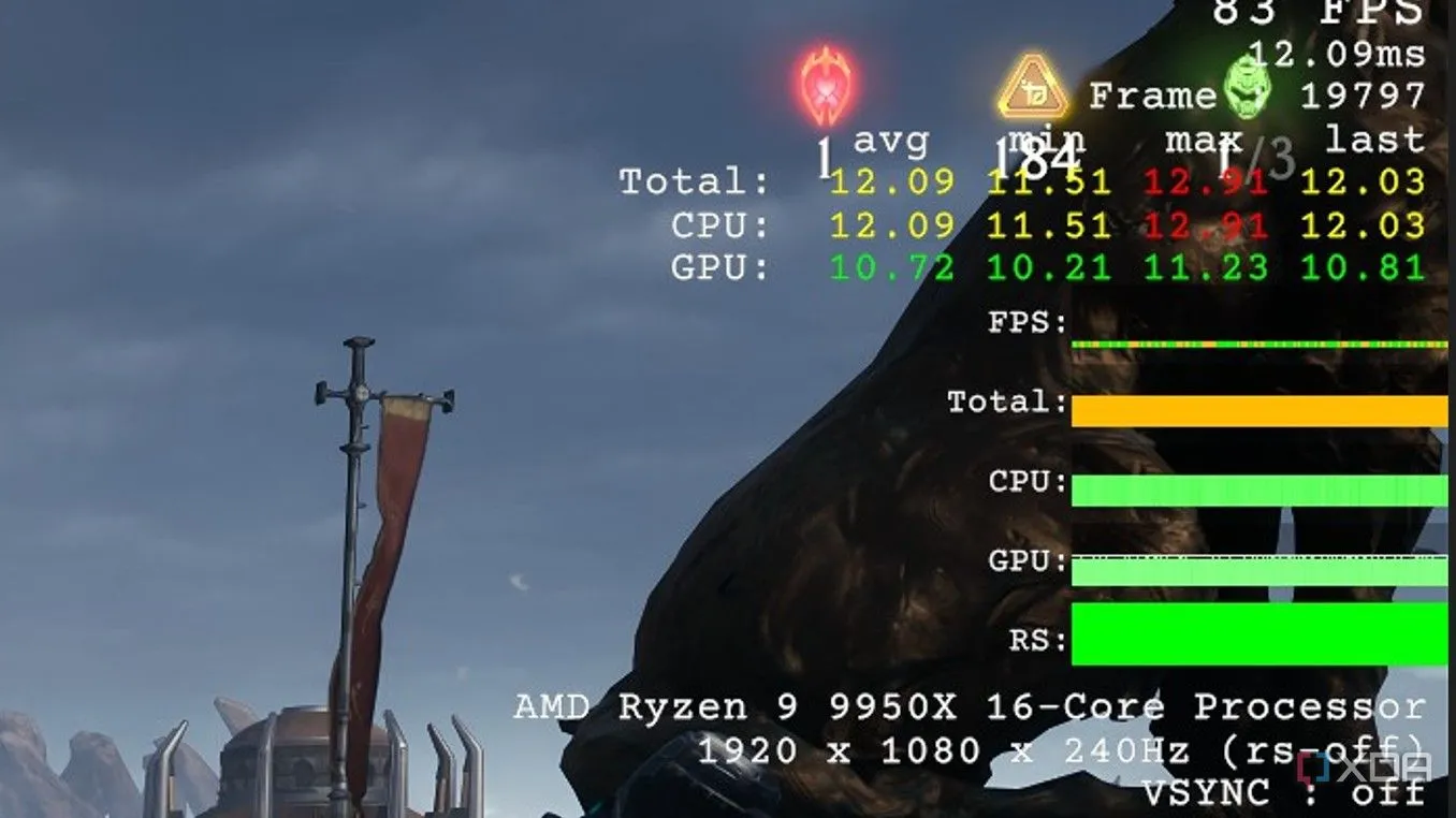 Hiển thị giao diện overlay hiệu suất trong Doom The Dark Ages, cho thấy tình trạng nghẽn cổ chai CPU trên hệ thống RTX 4060 ở 1080p.