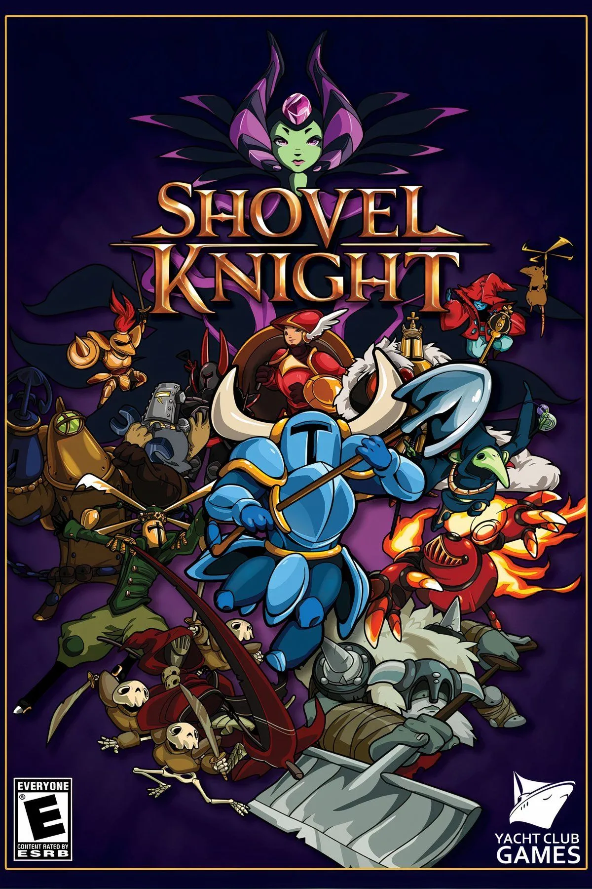 Hiệp sĩ Shovel Knight trong trang phục giáp xanh vung xẻng chiến đấu trong môi trường 8-bit cổ điển.