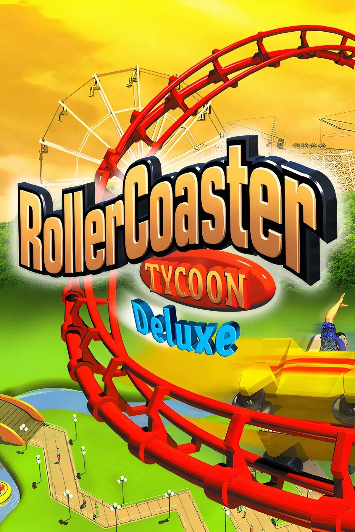 Hình ảnh bìa của game RollerCoaster Tycoon với phong cách đồ họa pixel đặc trưng