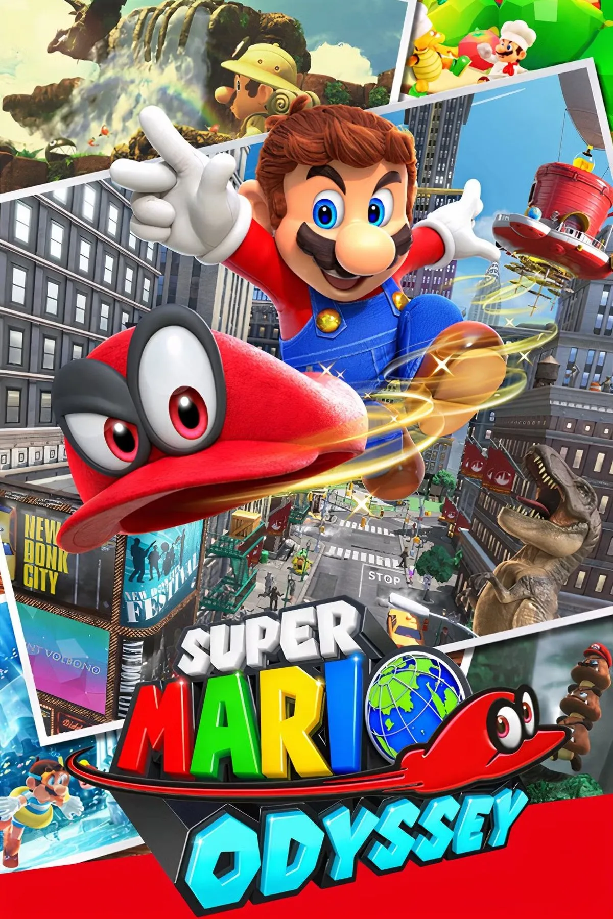 Hình ảnh bìa đĩa game Super Mario Odyssey với Mario cùng Cappy đứng trên đỉnh một ngọn núi, nhìn ra cảnh quan rộng lớn của các vương quốc