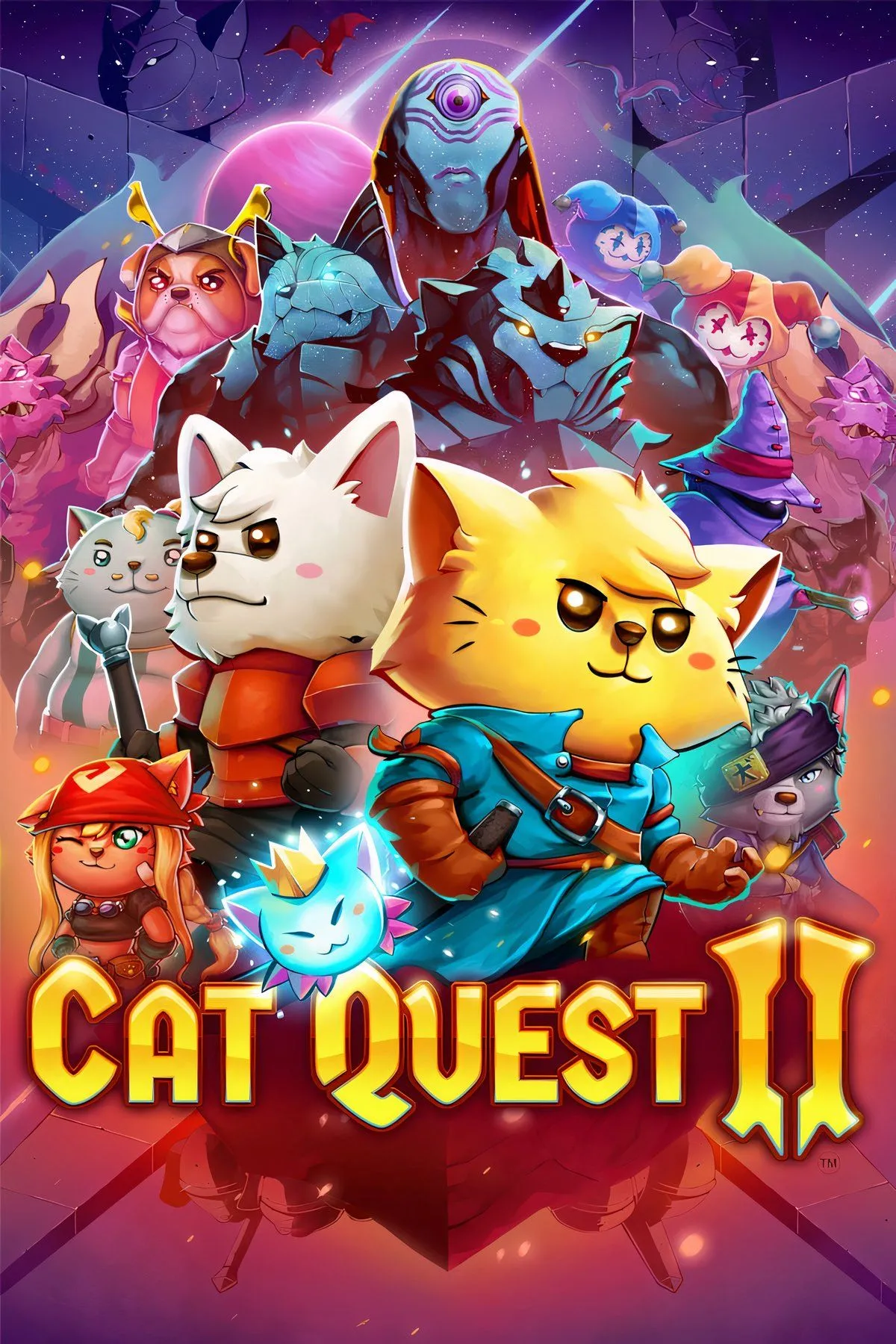 Hình ảnh bìa game Cat Quest II với nhân vật mèo và chó đang chiến đấu, minh họa lối chơi phiêu lưu hành động RPG