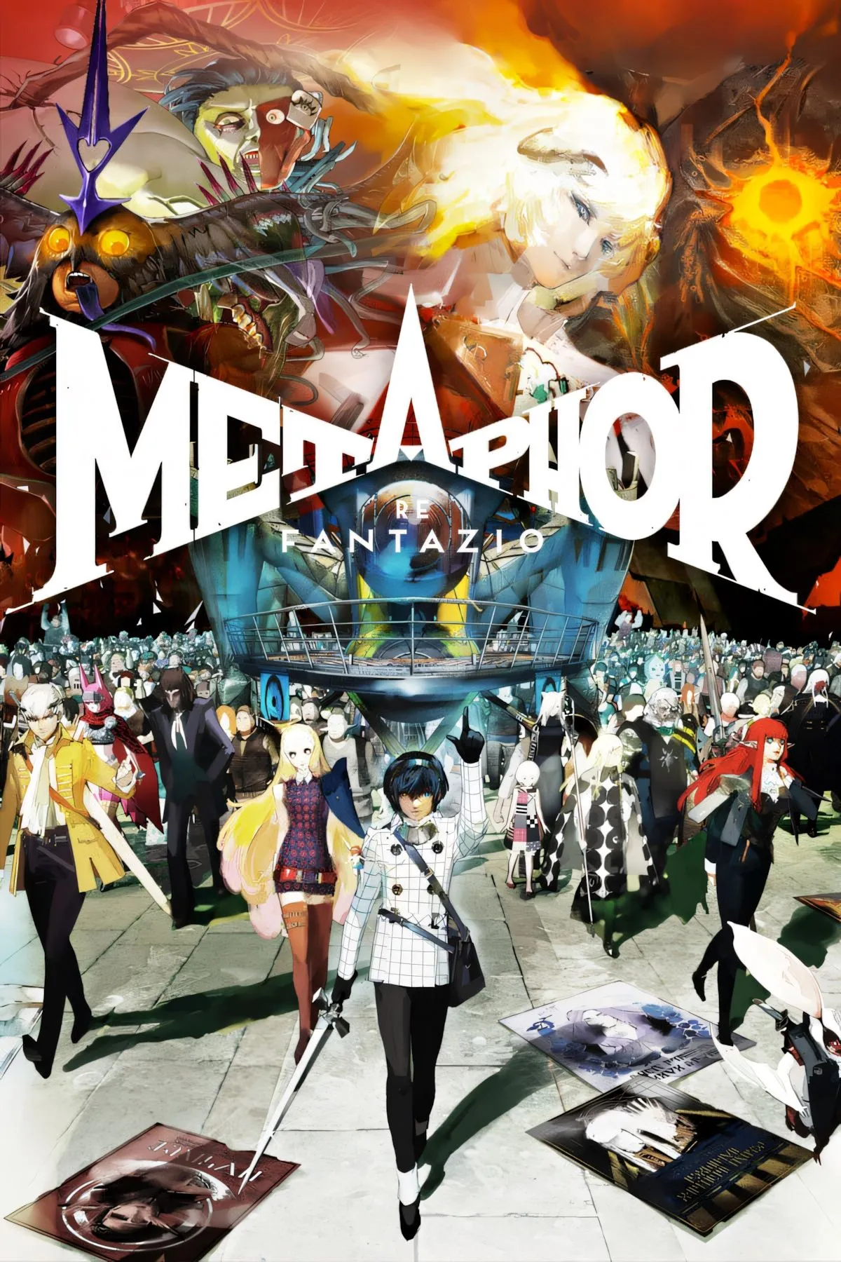 Hình ảnh bìa game Metaphor ReFantazio với các nhân vật trong trang phục đặc trưng và phong cách nghệ thuật độc đáo