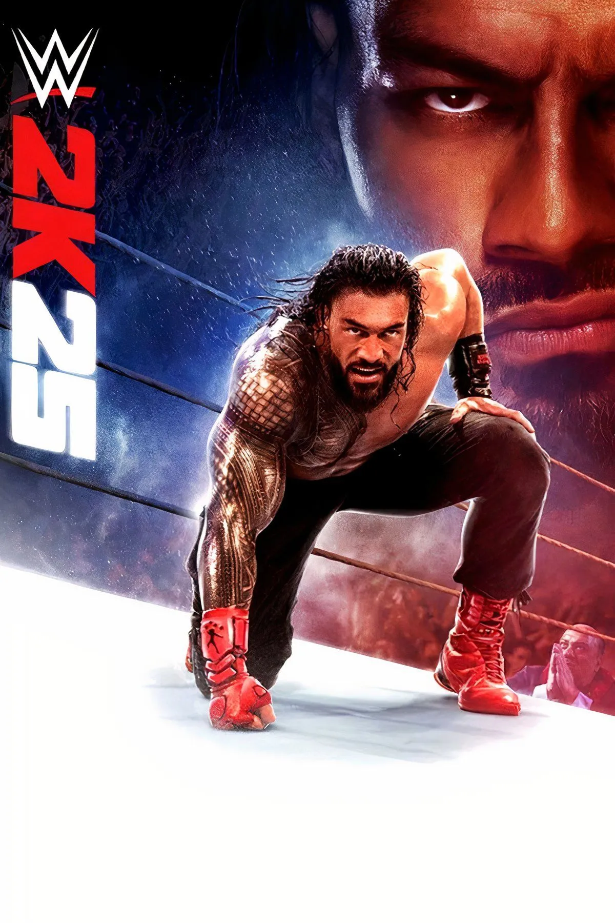 Hình ảnh bìa game WWE 2K25 với các siêu sao đô vật biểu diễn trên sàn đấu