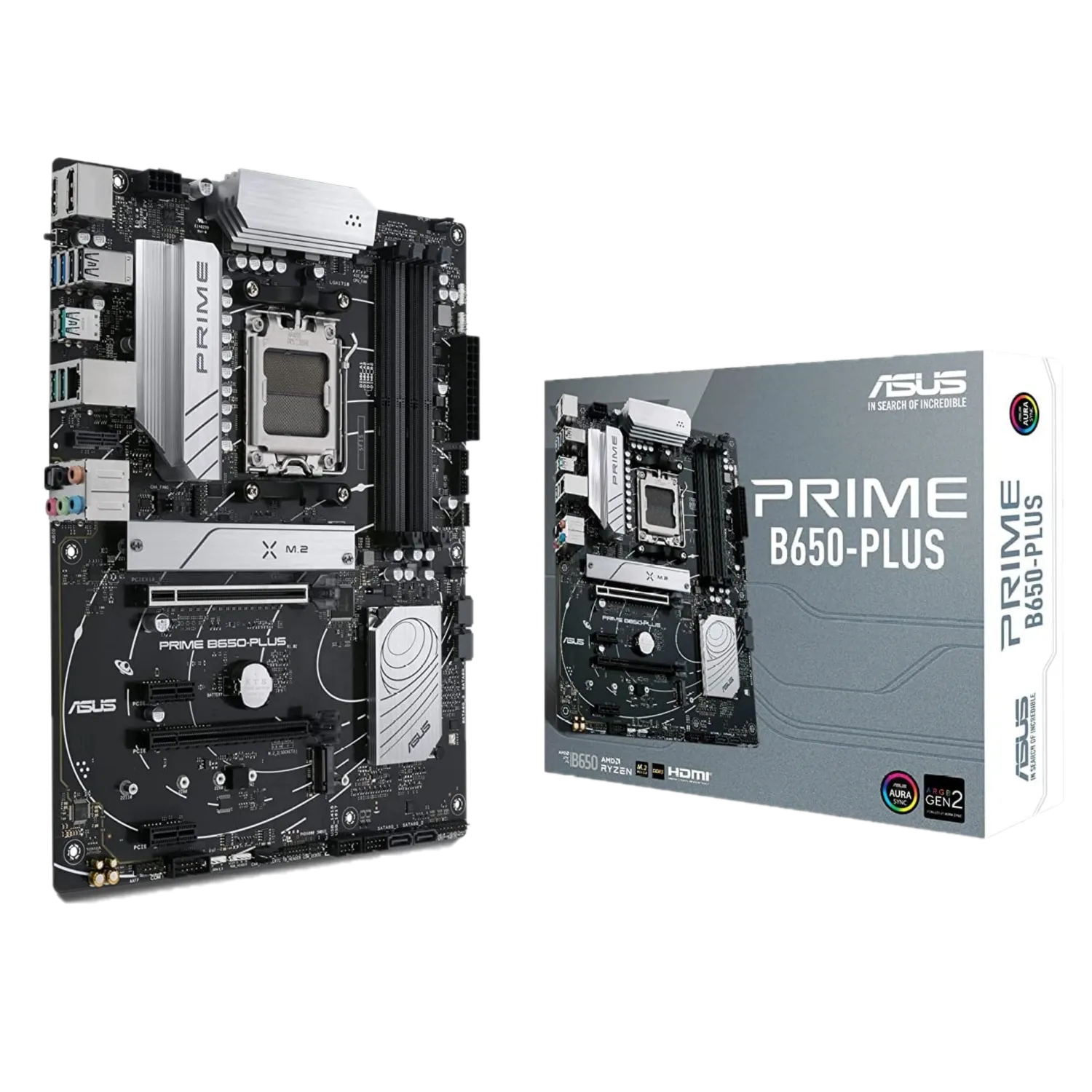 Hình ảnh bo mạch chủ Asus Prime B650-PLUS ATX AM5 màu trắng với các cổng kết nối và khe cắm M.2