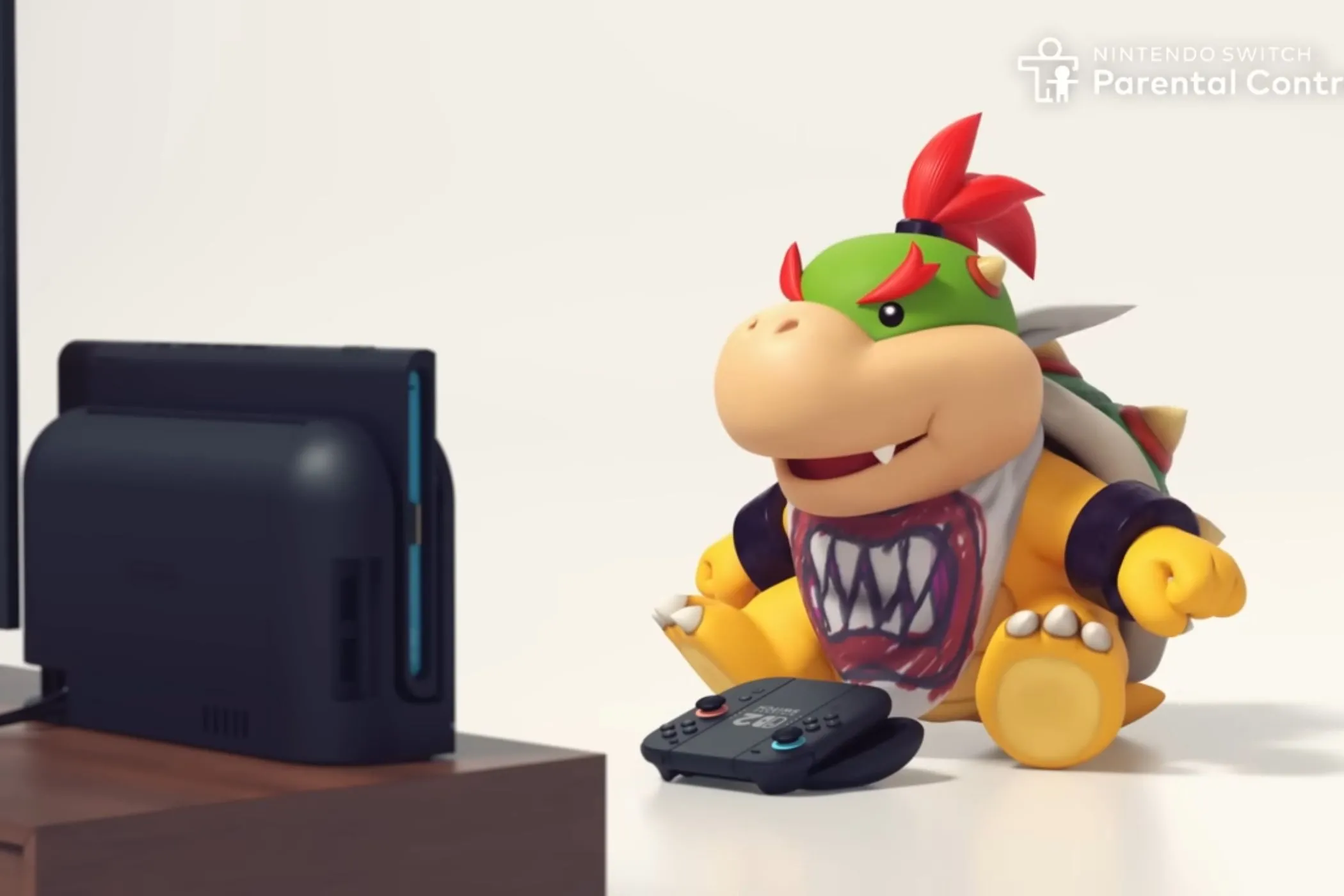 Hình ảnh Bowser Jr. đang chơi Nintendo Switch 2 với phụ kiện camera, đặt ra câu hỏi về vấn đề an toàn cho trẻ em.