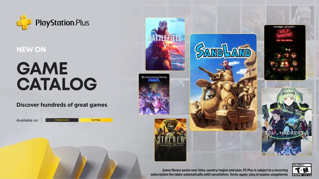 Hình ảnh các game nổi bật trên PlayStation Plus tháng 5 như Sand Land, Five Nights at Freddy's và Battlefield V