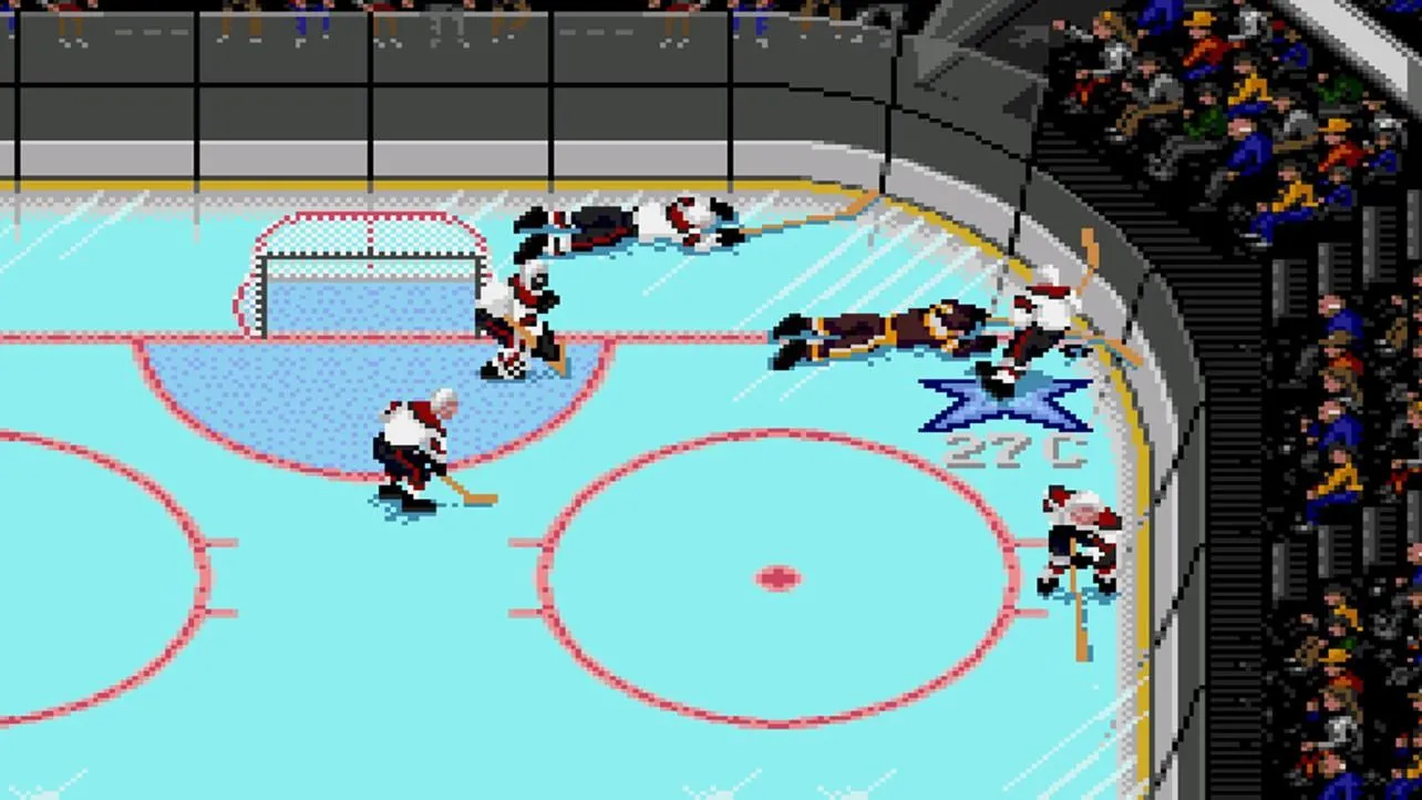 Hình ảnh cận cảnh một pha tranh chấp bóng trong NHL '94, các cầu thủ hockey va chạm trên sân băng