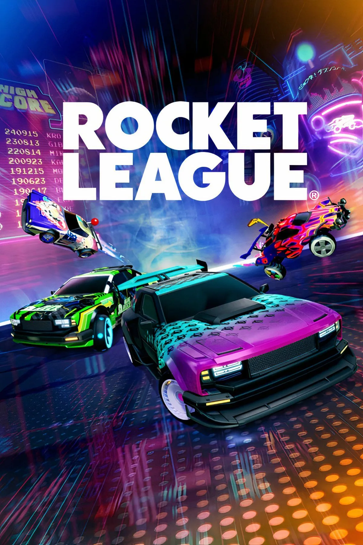 Hình ảnh chiếc xe trong Rocket League chuẩn bị bay lên để đánh bóng, với hiệu ứng tốc độ và ánh sáng động