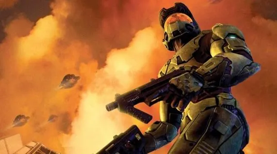Hình ảnh chính của Halo 2 với Master Chief cầm súng và áo giáp xanh đặc trưng