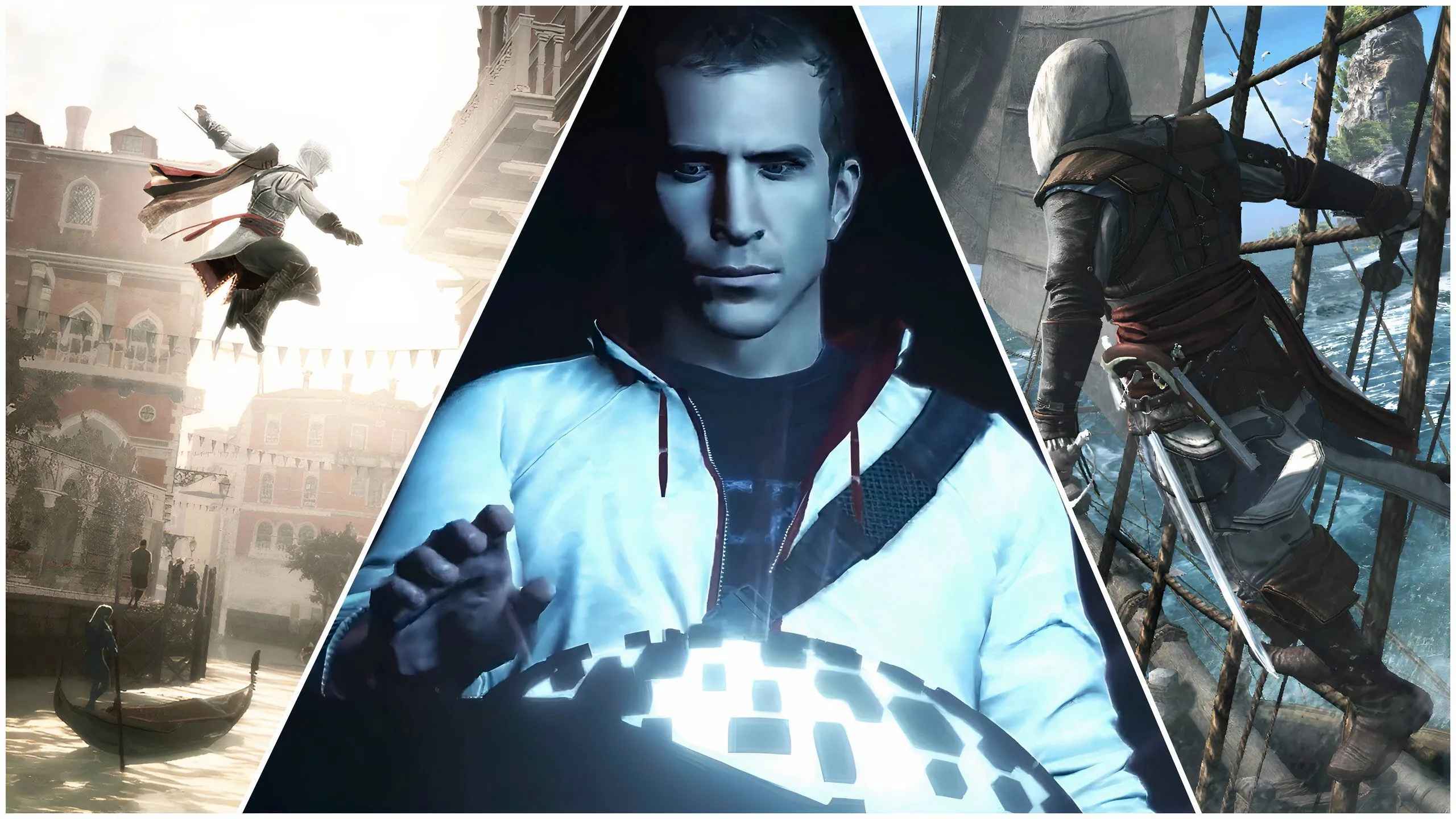 Hình ảnh của Ezio Auditore, Desmond Miles và Edward Kenway trong series Assassin's Creed
