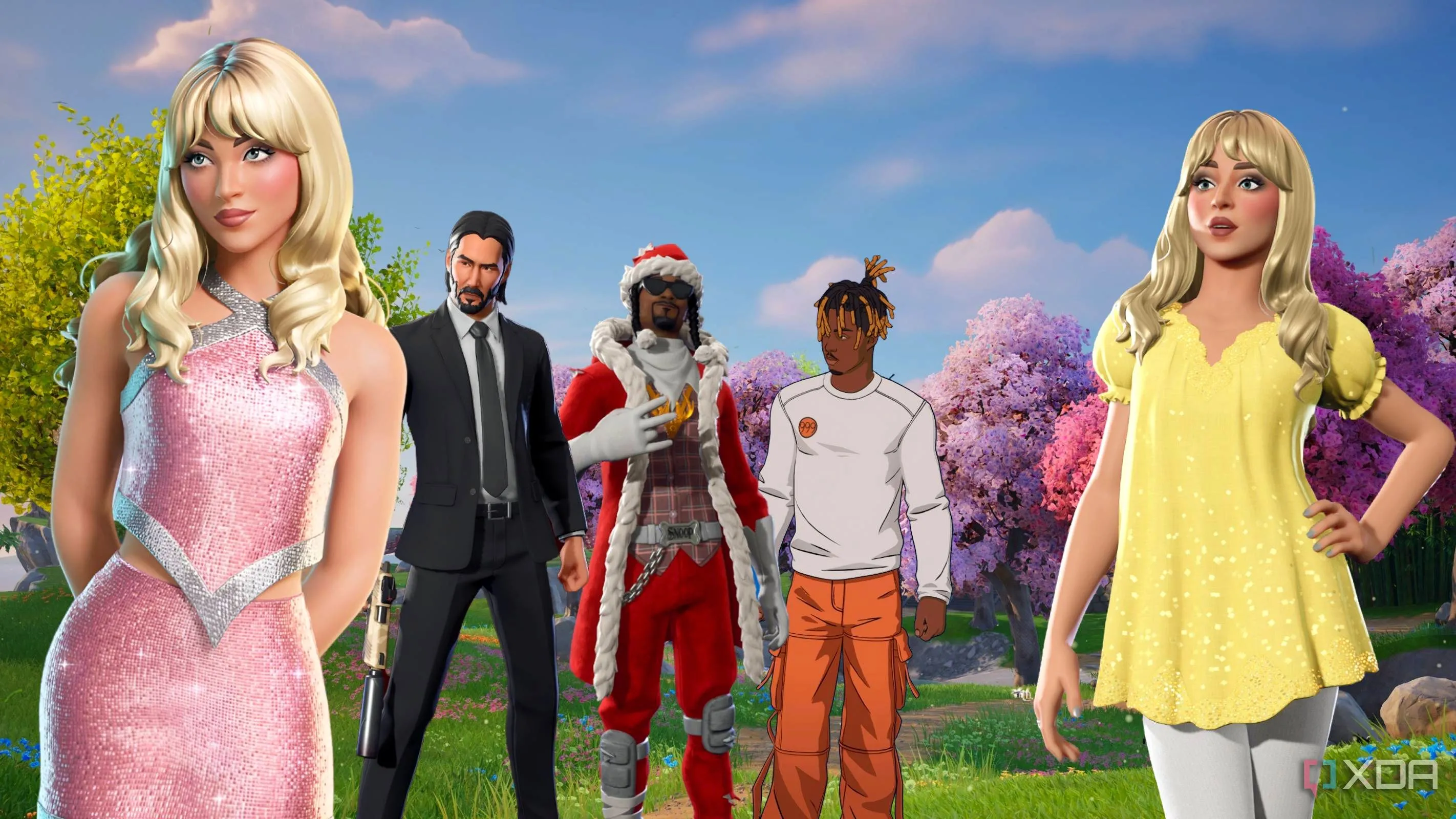Hình ảnh của Sabrina Carpenter, Keanu Reeves, Snoop Dogg và Juice Wrld trong Fortnite, minh họa sự đa dạng của các skin nhân vật nổi tiếng.