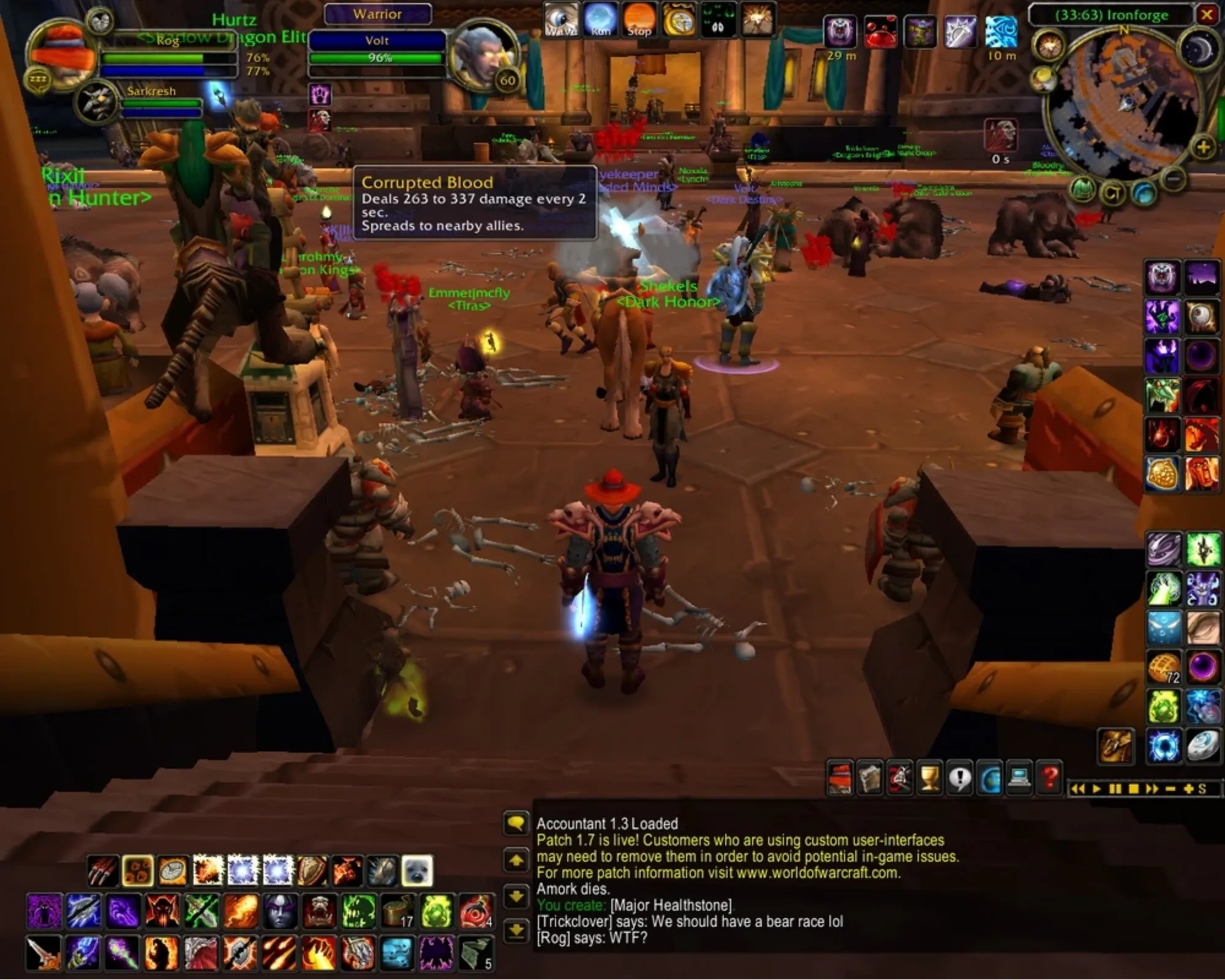 Hình ảnh đồ họa từ WoW Wiki minh họa hiệu ứng debuff &quot;Corrupted Blood&quot; lây lan trong game World of Warcraft