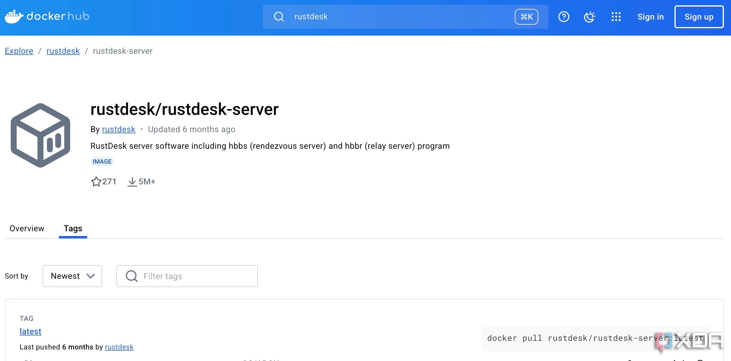 Hình ảnh Docker cho RustDesk, minh họa khả năng tự host và triển khai linh hoạt của phần mềm điều khiển từ xa này.