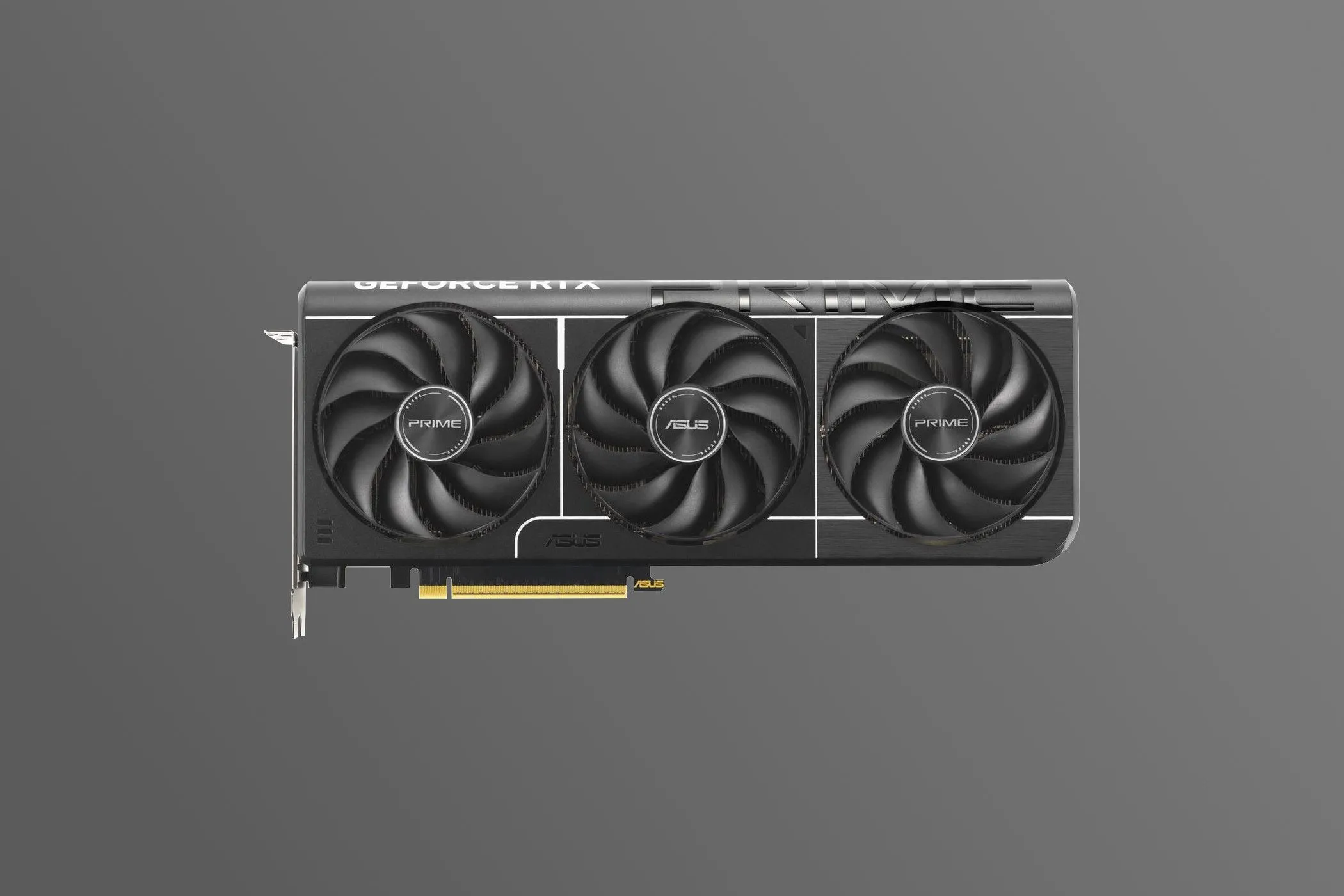 Hình ảnh dựng 3D của card đồ họa Asus Prime GeForce RTX 5070 với thiết kế gọn gàng.