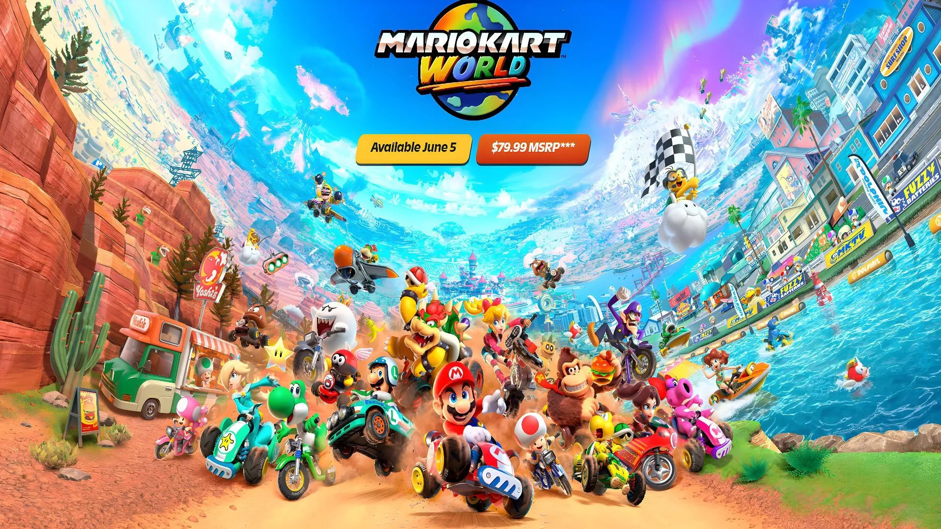 Hình ảnh game Mario Kart World với thông báo giá 80 USD, gây tranh cãi về chi phí game thế hệ mới