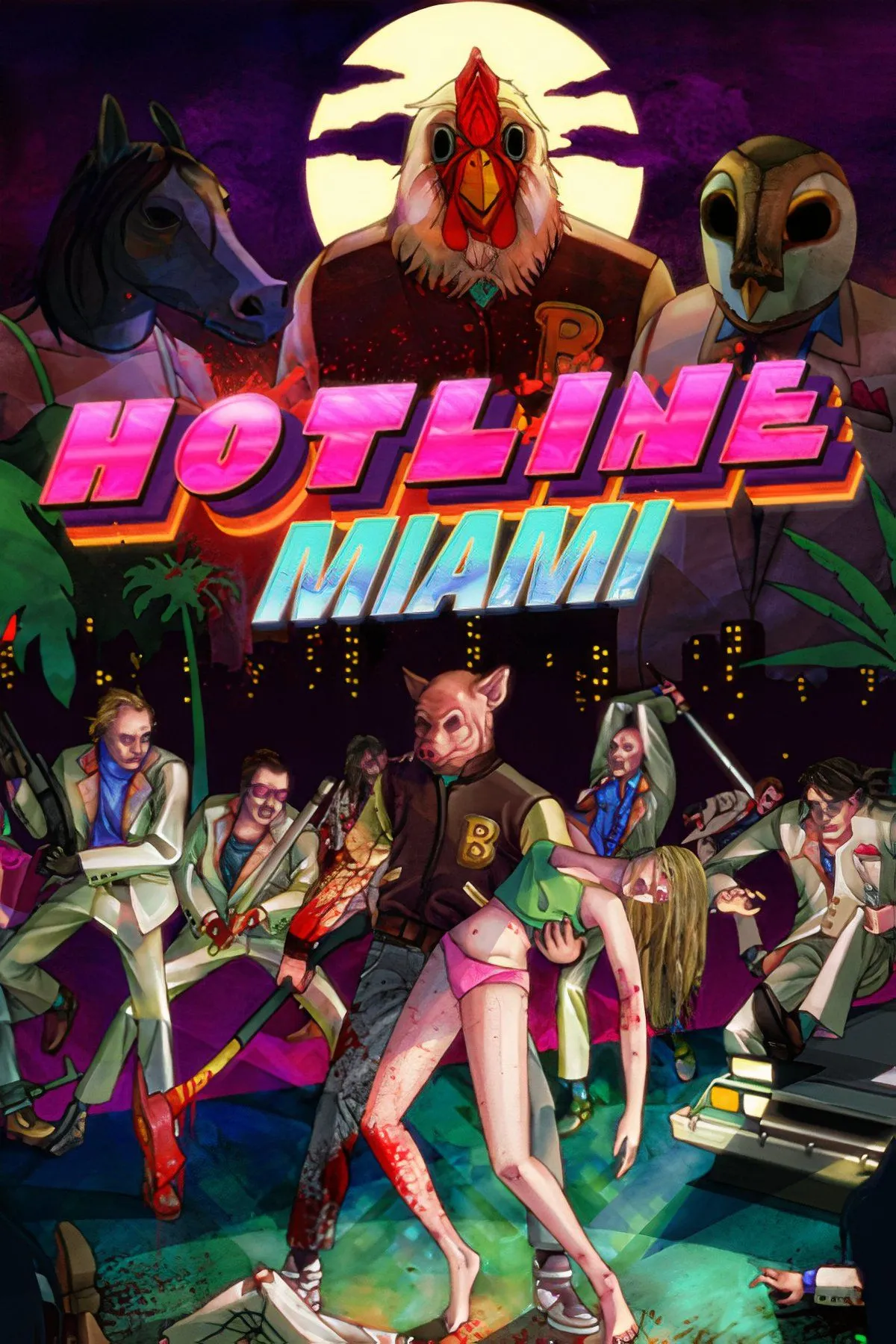 Hình ảnh gameplay Hotline Miami với đồ họa neon rực rỡ và góc nhìn từ trên xuống, thể hiện nhịp độ hành động nhanh.