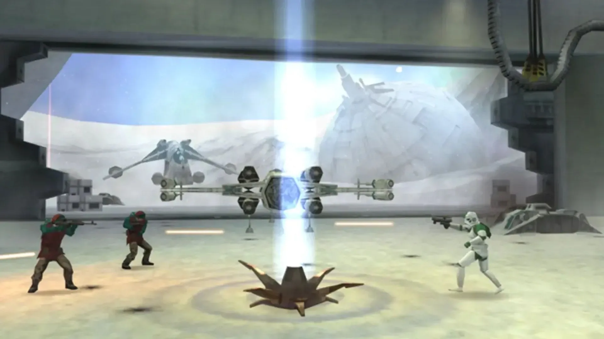 Hình ảnh gameplay Star Wars Battlefront Elite Squadron trên PSP, minh họa trận chiến trên không và mặt đất