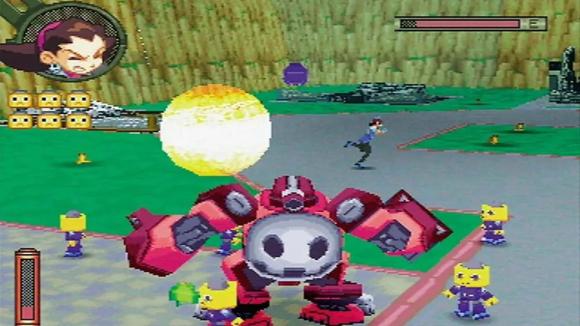Hình ảnh gameplay trong The Misadventures of Tron Bonne, cho thấy nhân vật chính Tron Bonne và các Server Bot đang thực hiện nhiệm vụ.