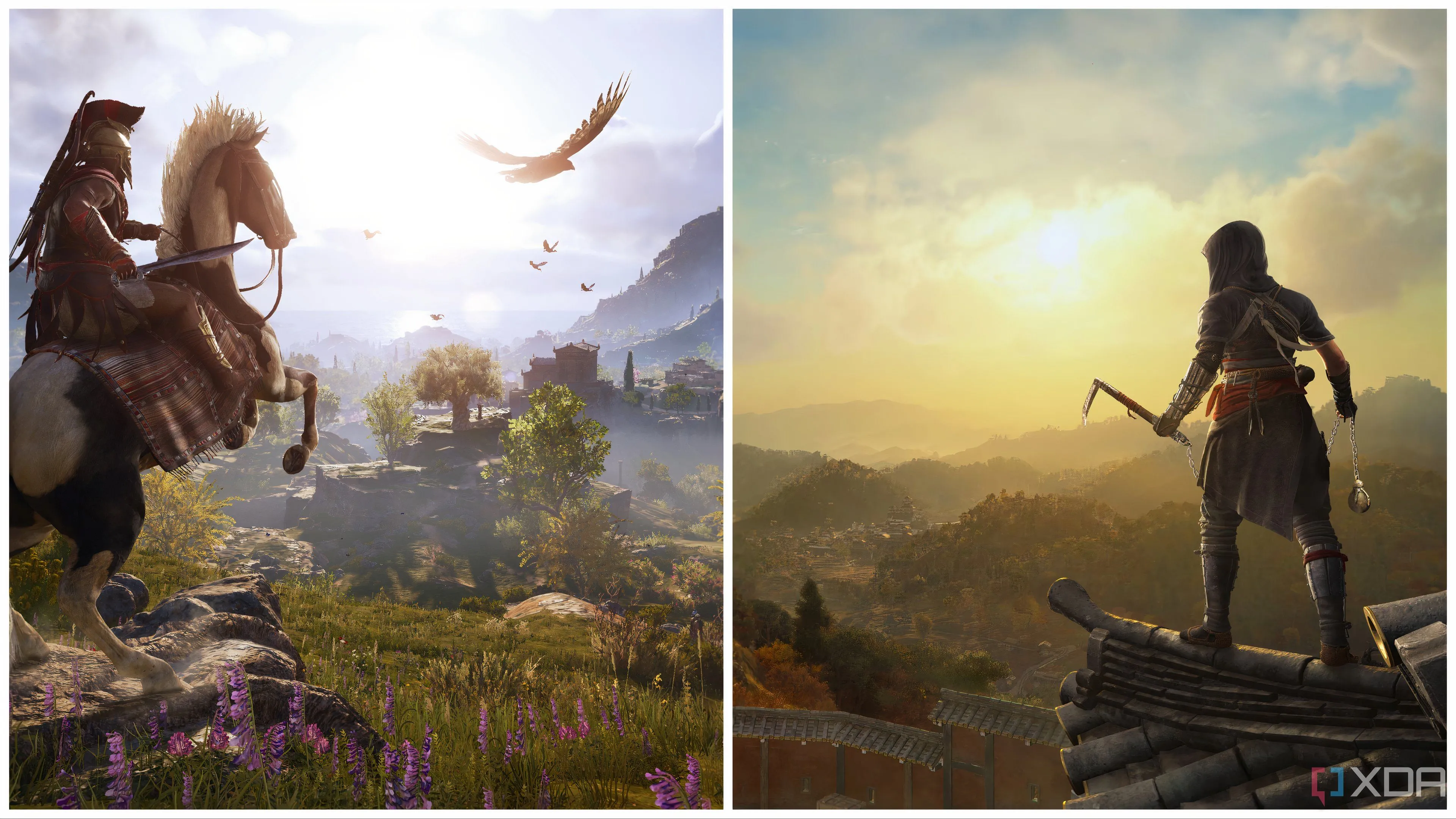 Hình ảnh ghép môi trường của Assassin's Creed Odyssey và Assassin's Creed Shadows, thể hiện sự kết nối giữa hai tựa game