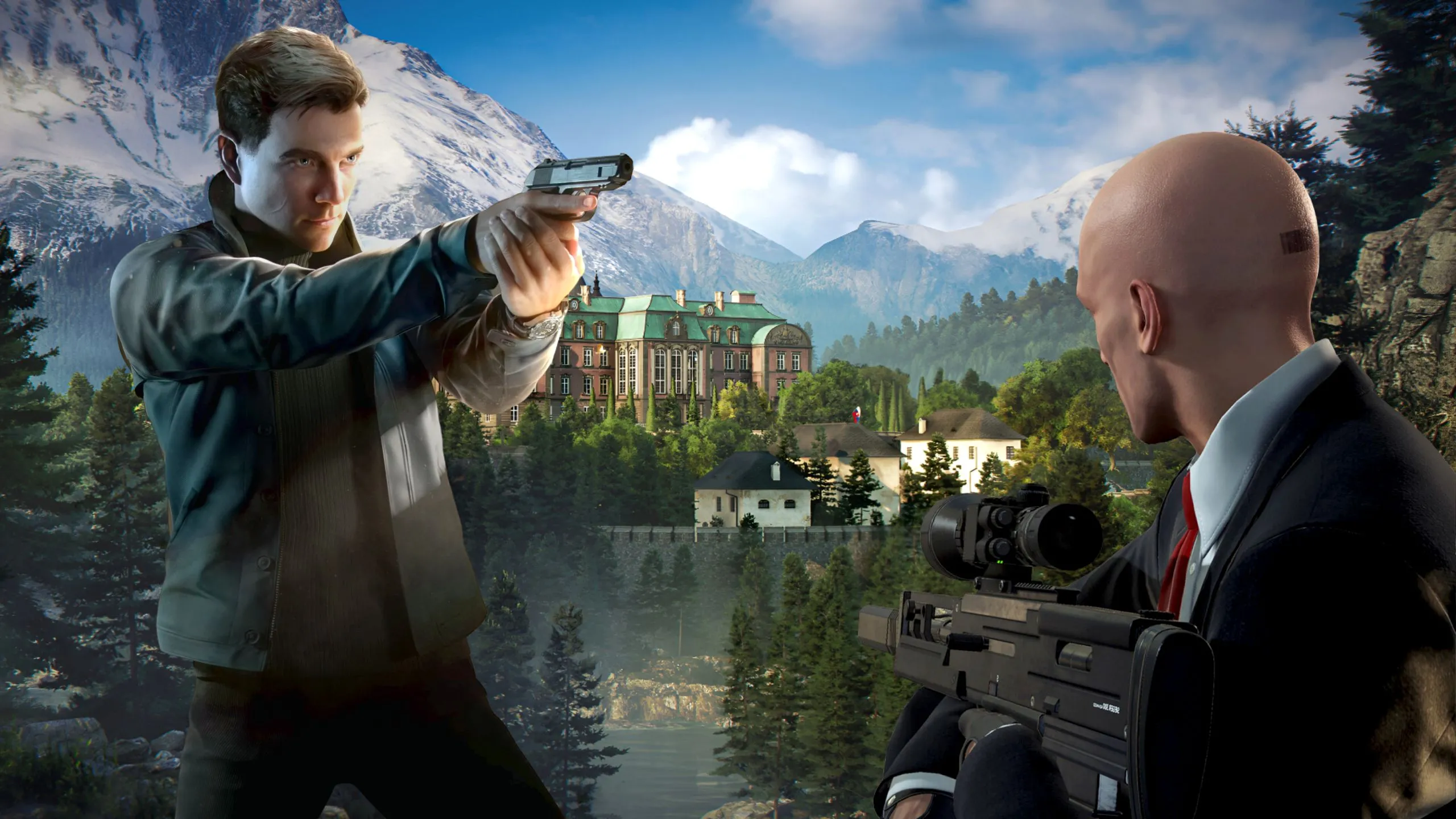 Hình ảnh James Bond và Agent 47, hai điệp viên nổi tiếng, đứng trước phông nền xanh mát. So sánh phong cách giữa 007 First Light và Hitman, nhấn mạnh yếu tố lén lút và hành động.