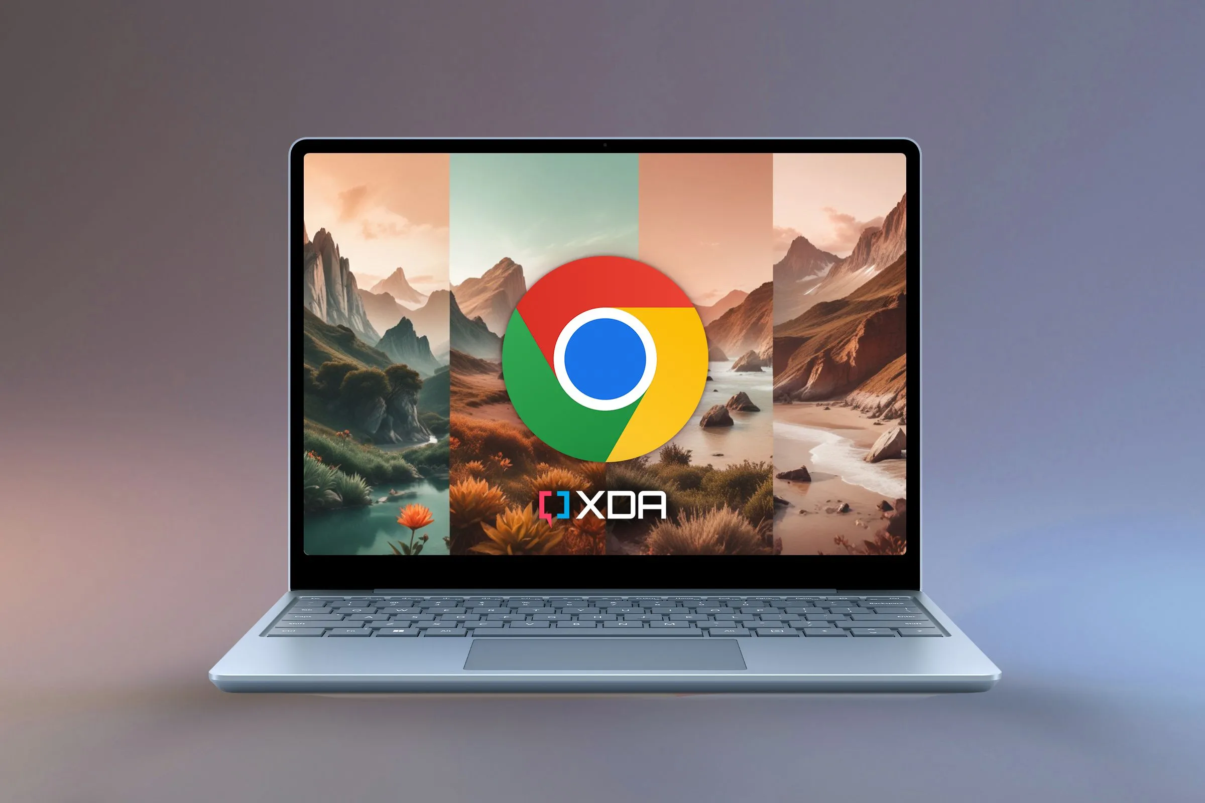 Hình ảnh laptop hiển thị các chủ đề AI của Chrome, biểu tượng Google Chrome và logo XDA, thể hiện sự phát triển công nghệ