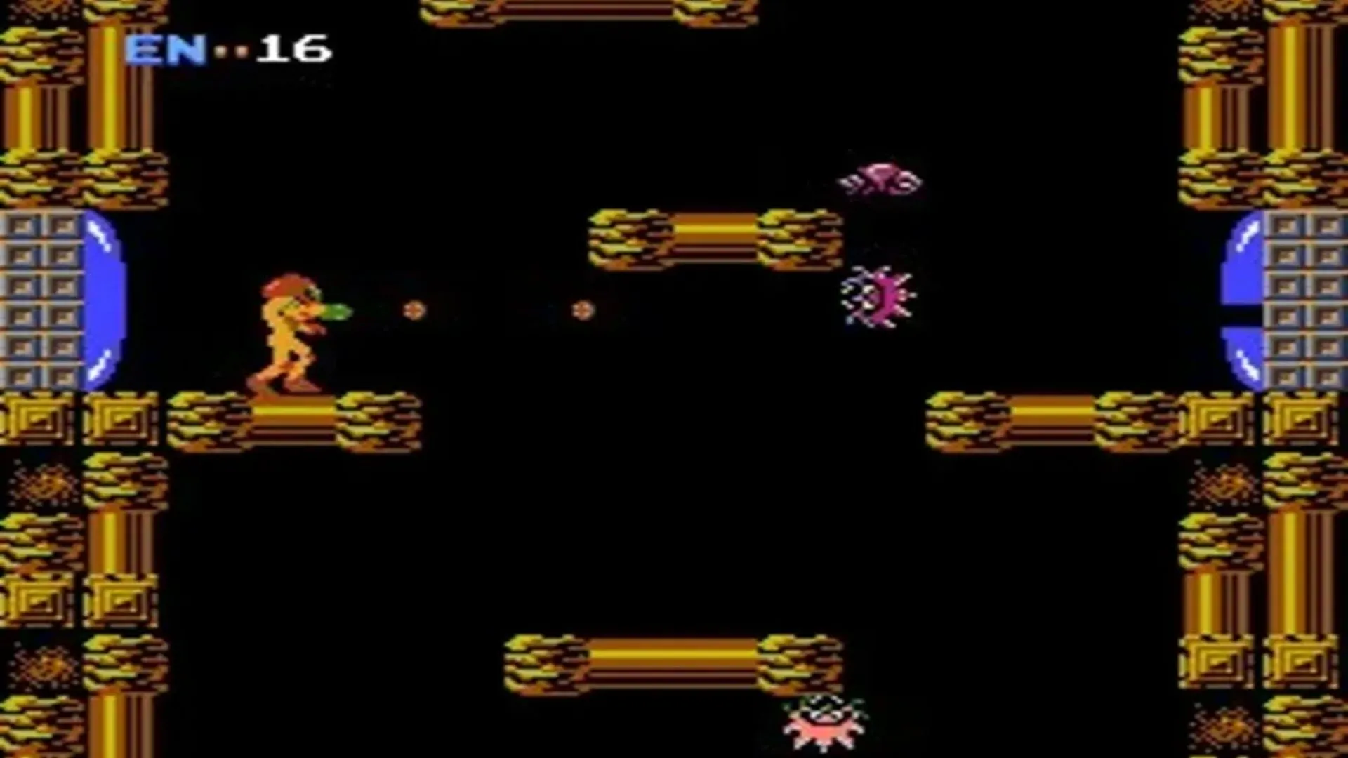 Hình ảnh lối chơi từ tựa game Metroid đầu tiên trên hệ máy NES, thể hiện đồ họa pixel đặc trưng và nhân vật Samus Aran.