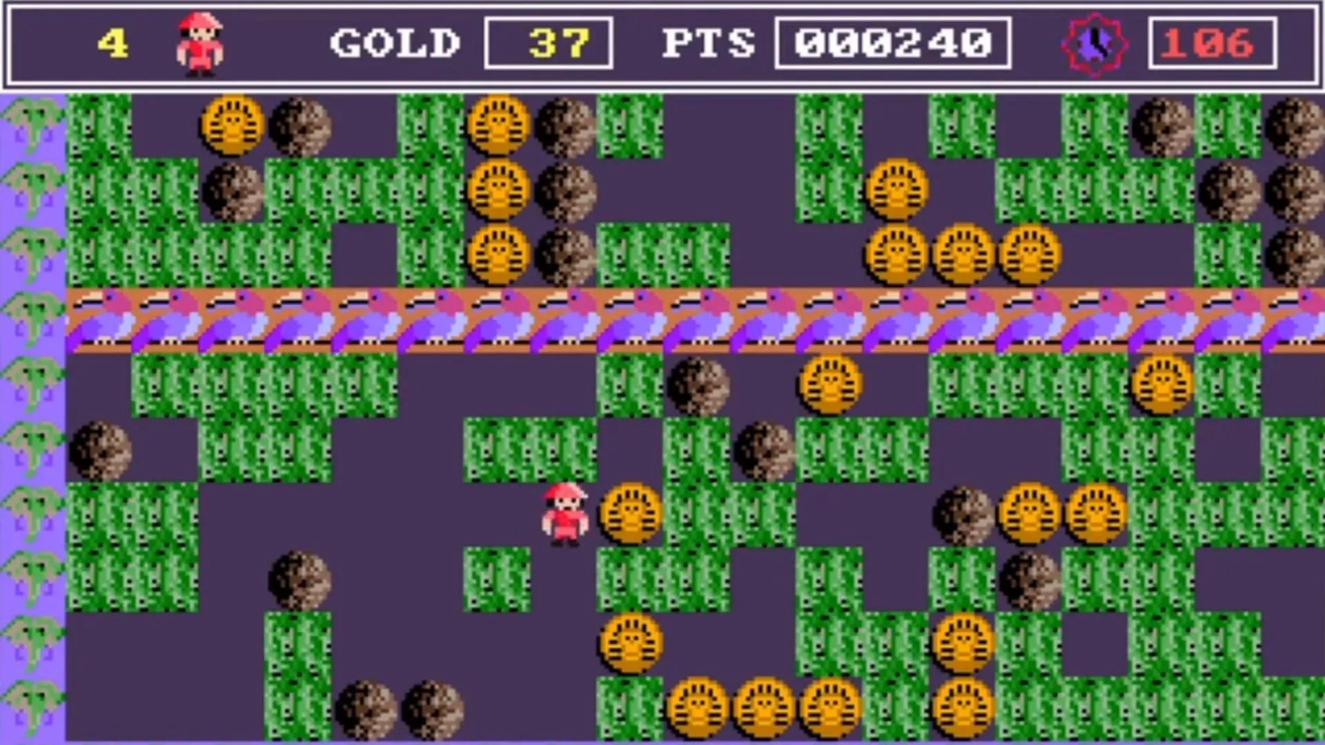 Hình ảnh màn chơi đầu tiên của game arcade Rockford trên PC, thể hiện lối chơi thu thập kho báu đặc trưng của tựa game cổ điển.