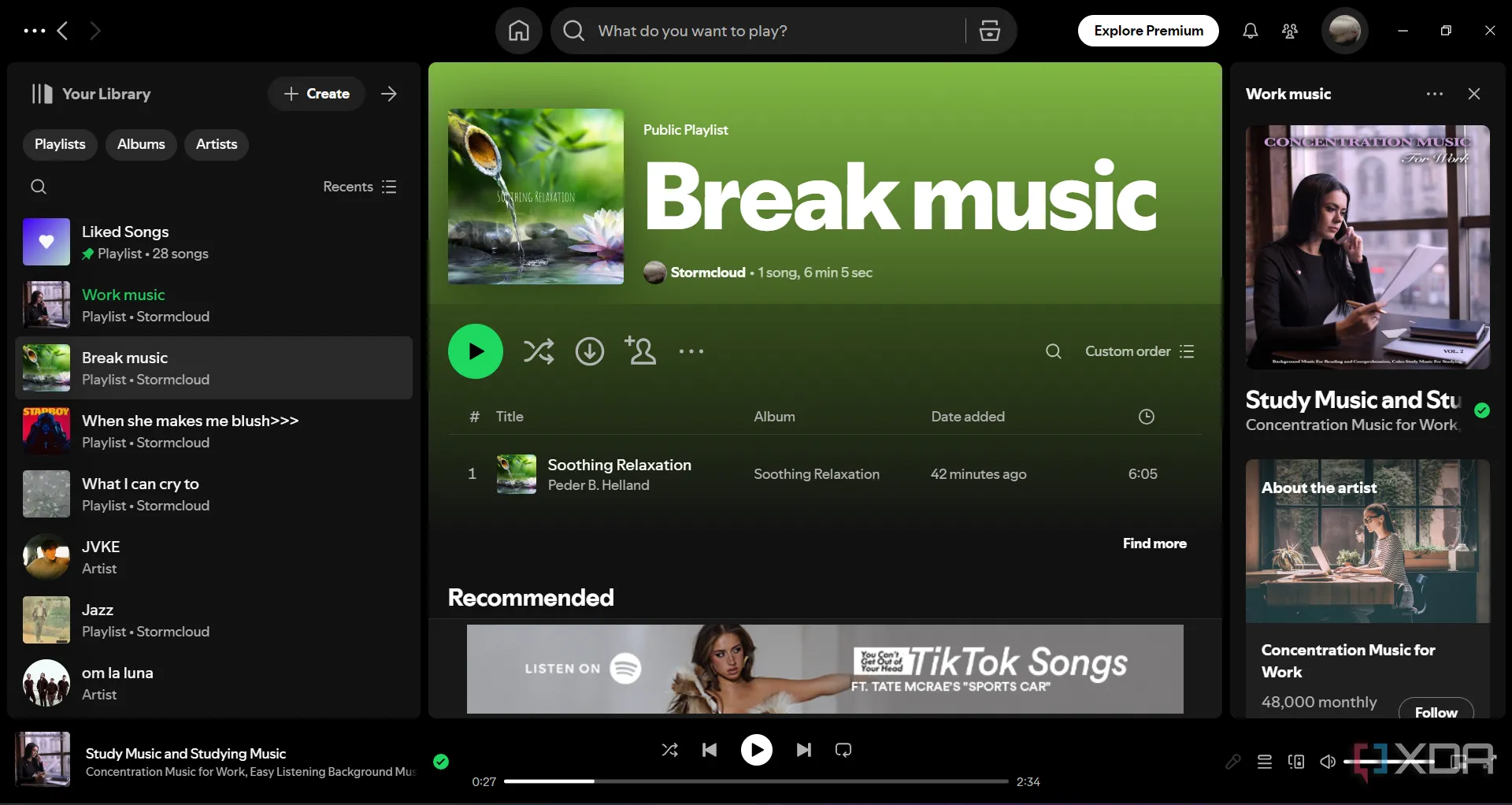 Hình ảnh minh họa các playlist nhạc dành riêng cho công việc và nghỉ ngơi trên Spotify giúp quản lý thời gian sử dụng máy tính hiệu quả.
