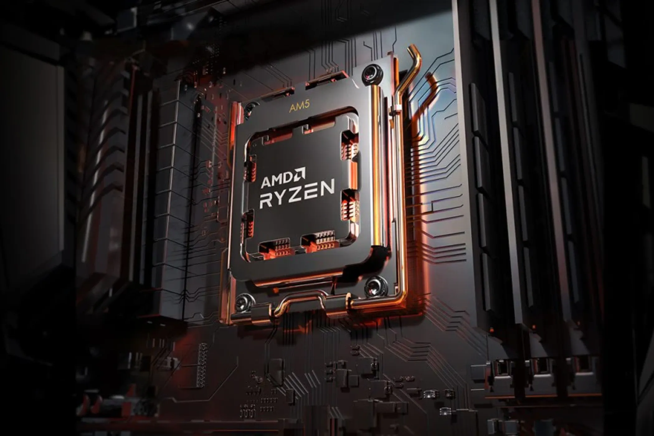 Hình ảnh minh họa CPU AMD Ryzen trên nền tảng bo mạch chủ AM5, thể hiện khả năng nâng cấp và các công nghệ hiện đại
