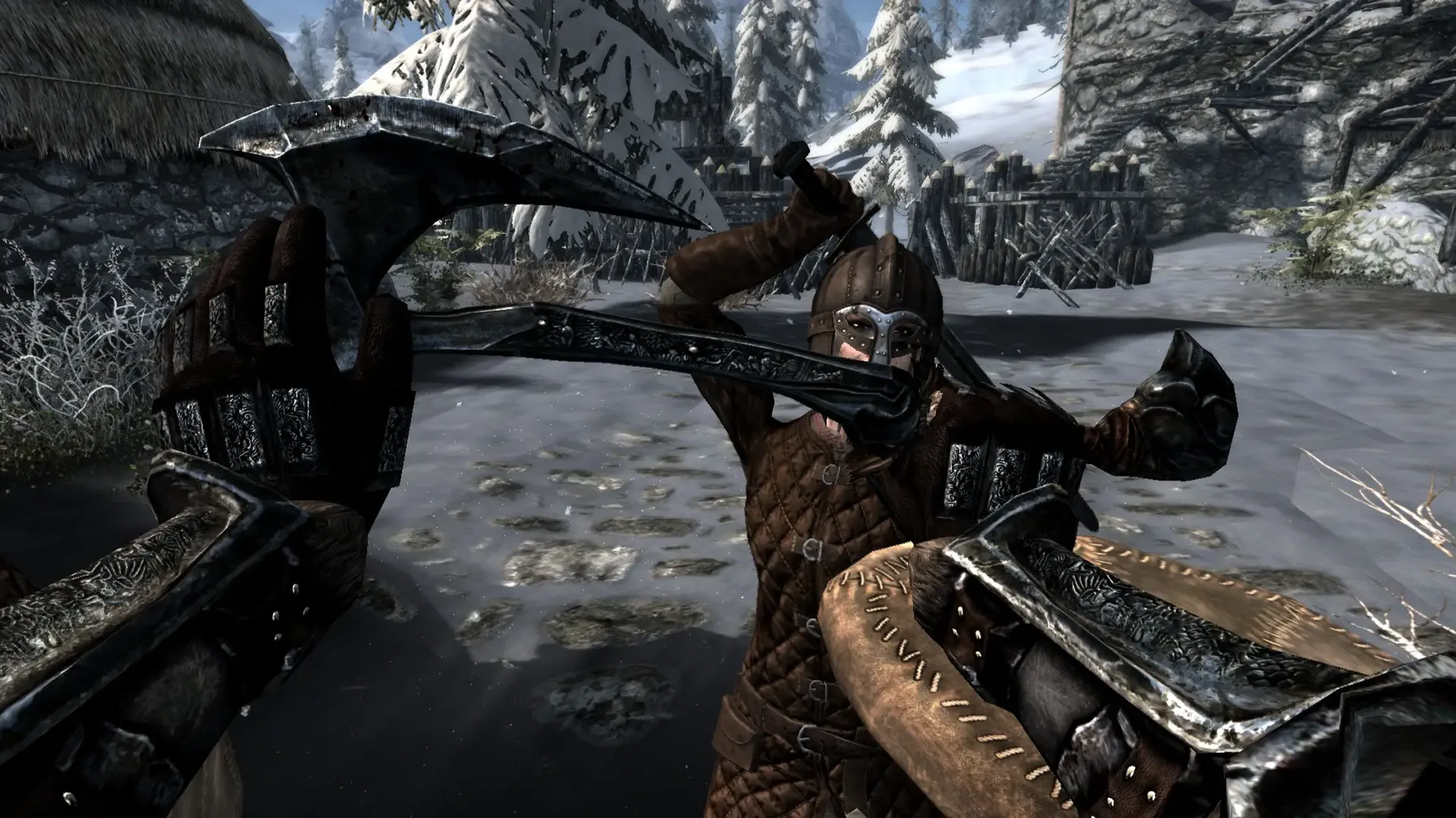 Hình ảnh minh họa mod Comprehensive First Person Animation Overhaul cải thiện hoạt ảnh góc nhìn thứ nhất trong Skyrim, với nhân vật cầm vũ khí