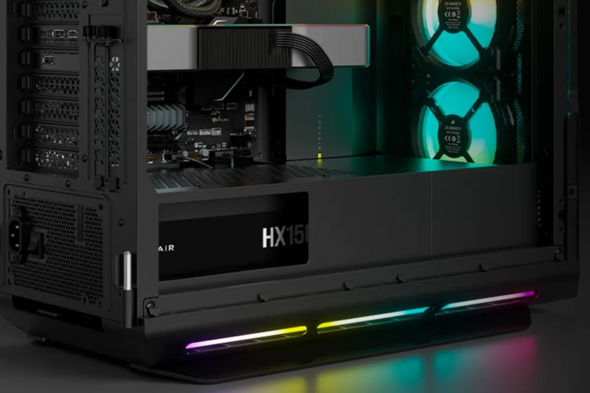 Hình ảnh một bộ nguồn máy tính (PSU) Corsair HX1500i, làm nổi bật thiết kế modular giúp tối ưu quản lý cáp