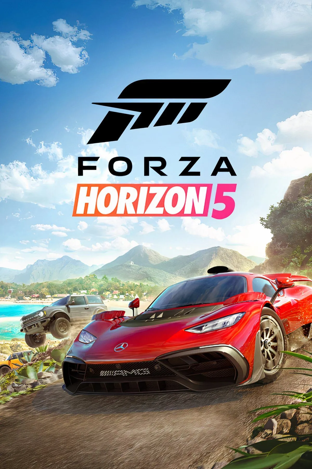 Hình ảnh một chiếc siêu xe thể thao màu xanh đang phóng nhanh trên con đường hoang dã của Mexico trong Forza Horizon 5, với khung cảnh núi non và thực vật đặc trưng