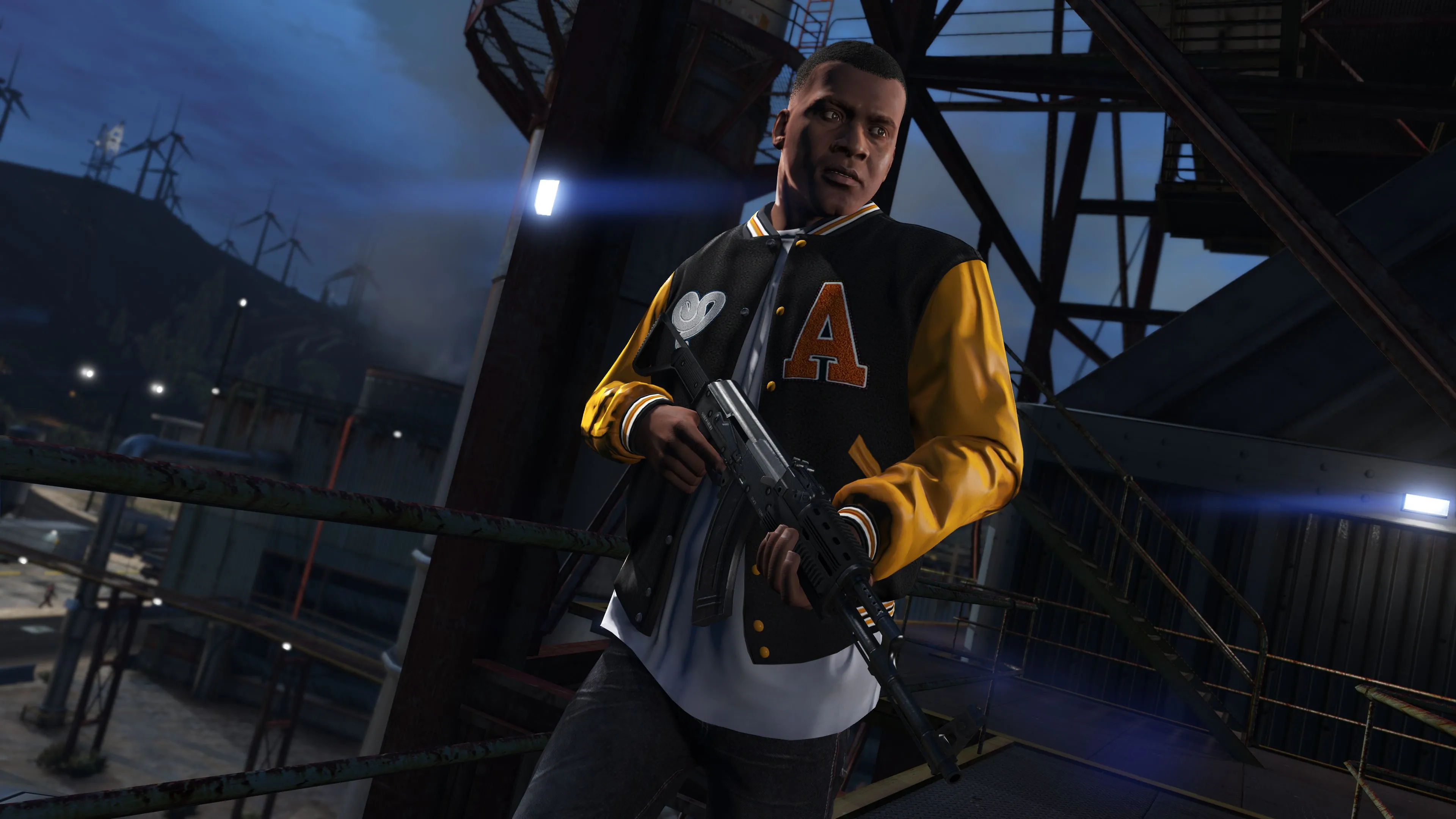 Hình ảnh một nhân vật cầm súng trong Grand Theft Auto, minh họa đồ họa ấn tượng của game Rockstar