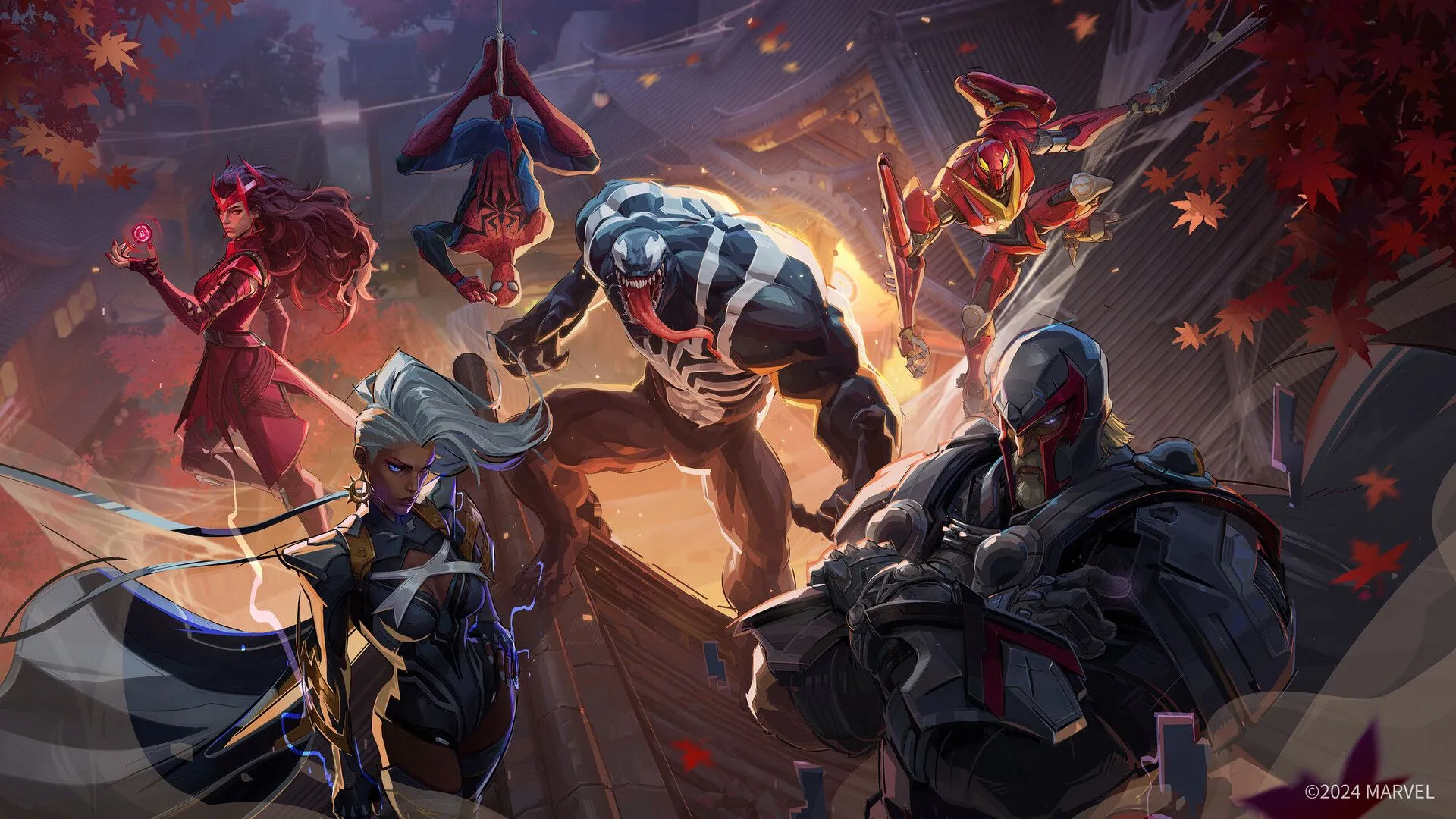 Hình ảnh nền game Marvel Rivals với các nhân vật và trang phục