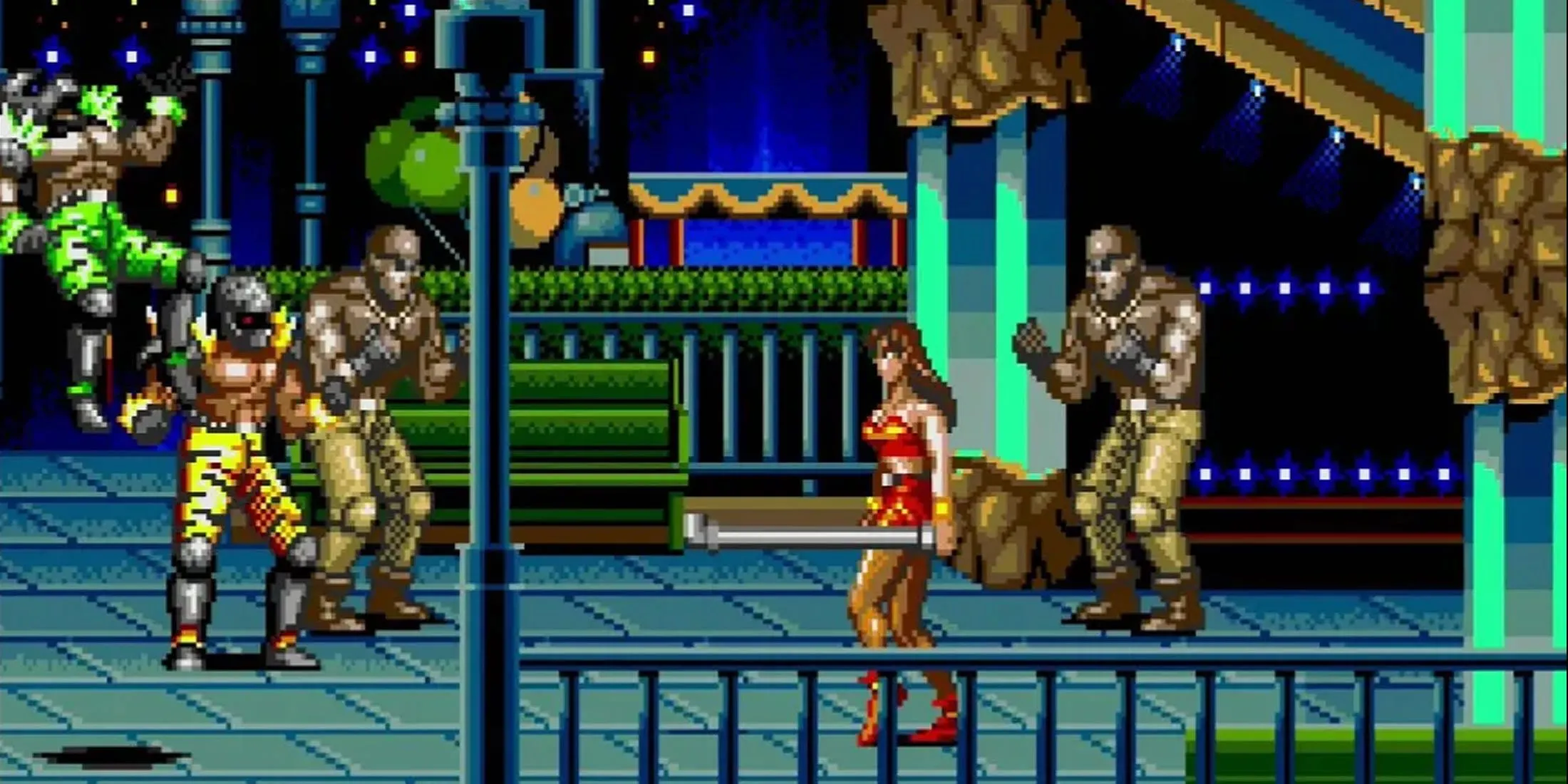 Hình ảnh nhân vật Blaze Fielding từ Streets of Rage 2 thực hiện đòn tấn công đặc biệt, nổi bật với đồ họa pixel art