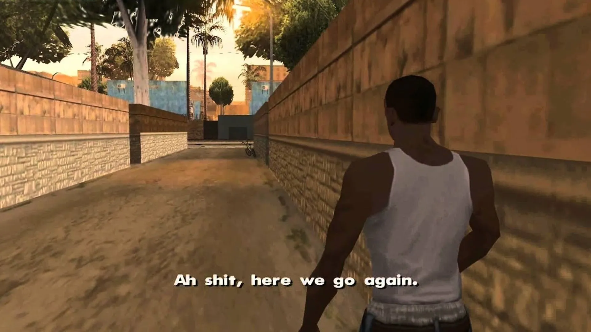 Hình ảnh nhân vật CJ trong Grand Theft Auto San Andreas đang nói câu 'Ah shit... here we go again...'
