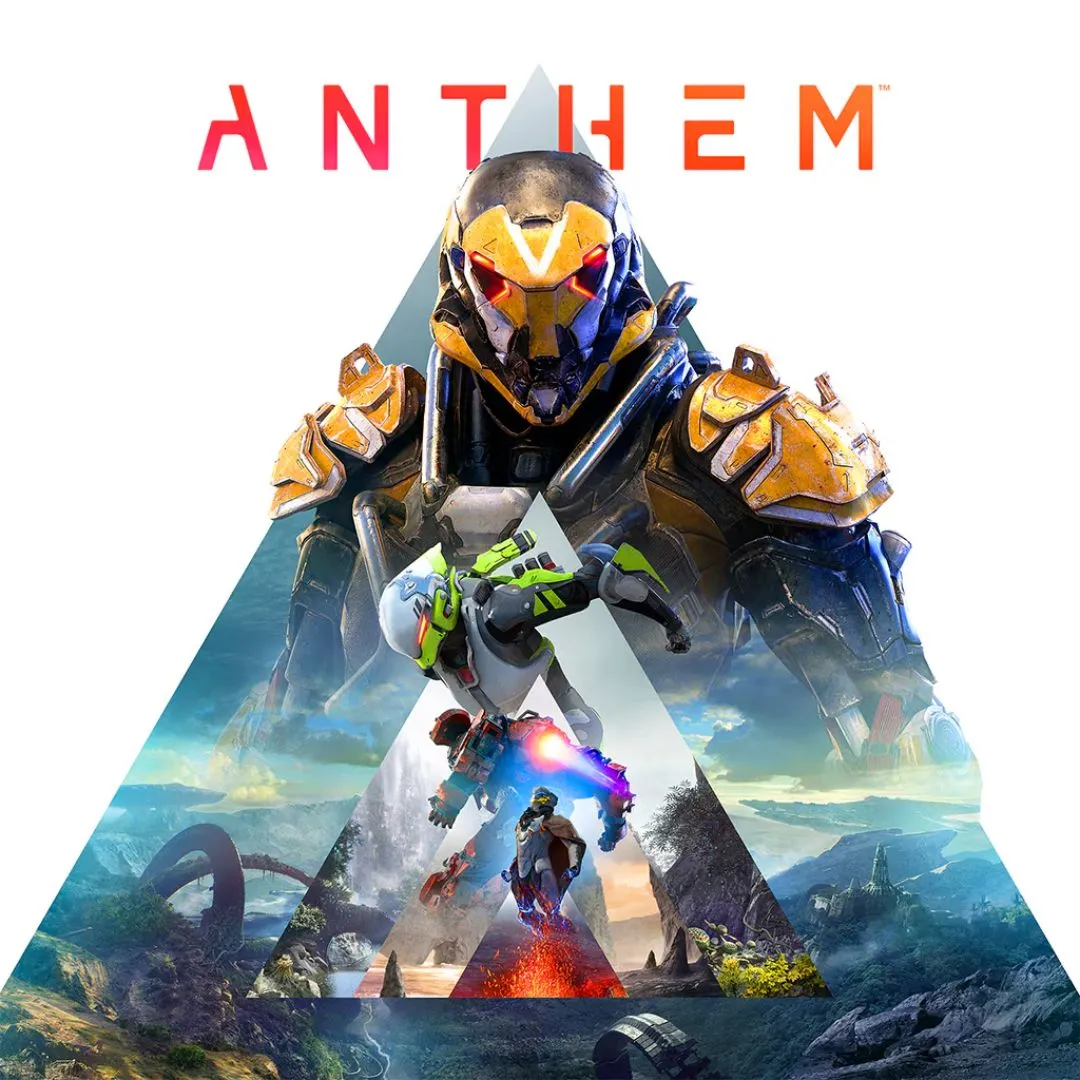 Hình ảnh nhân vật trong bộ giáp Javelin của game Anthem đang bay lượn trong một thế giới mở khoa học viễn tưởng.