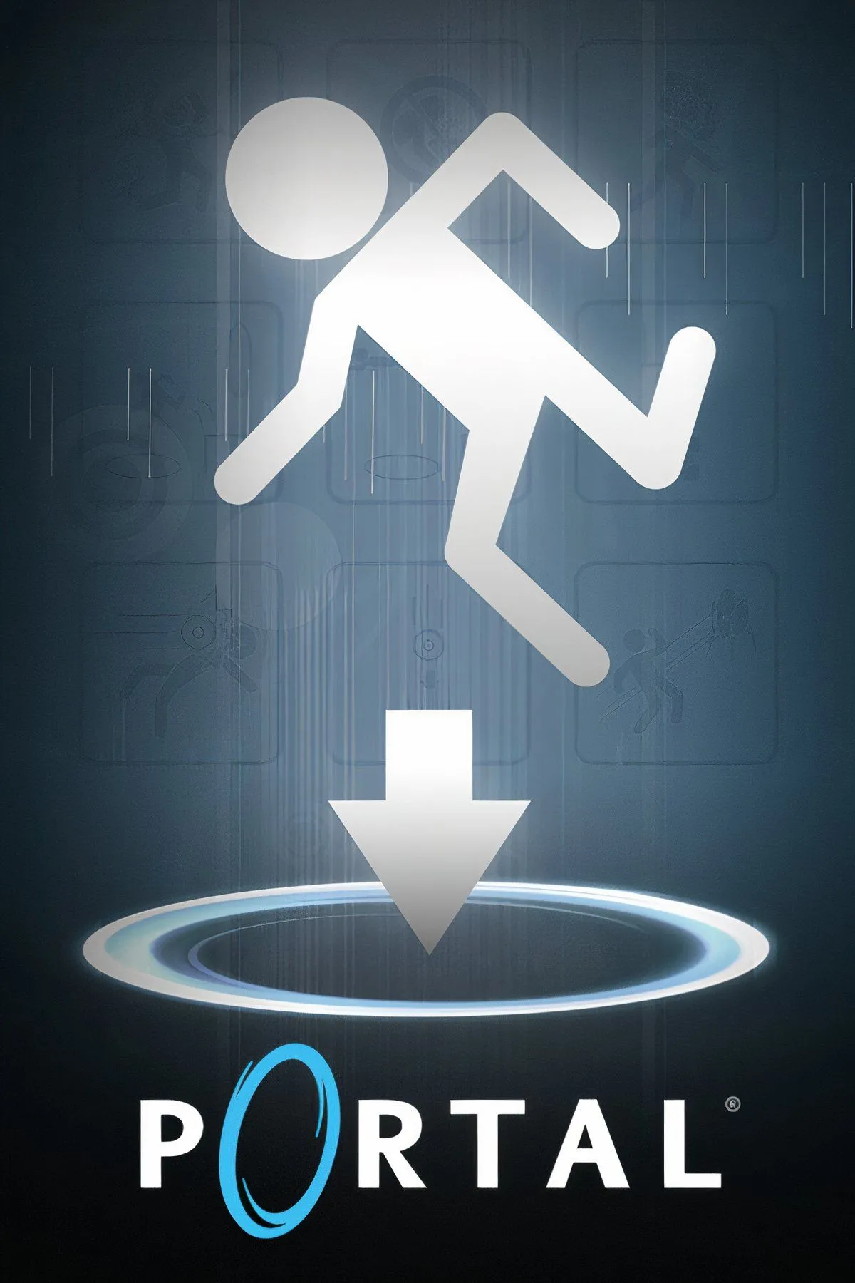 Hình ảnh nữ nhân vật Chell sử dụng khẩu súng Portal Gun để tạo ra hai cổng không gian màu xanh và cam trên một bức tường trắng