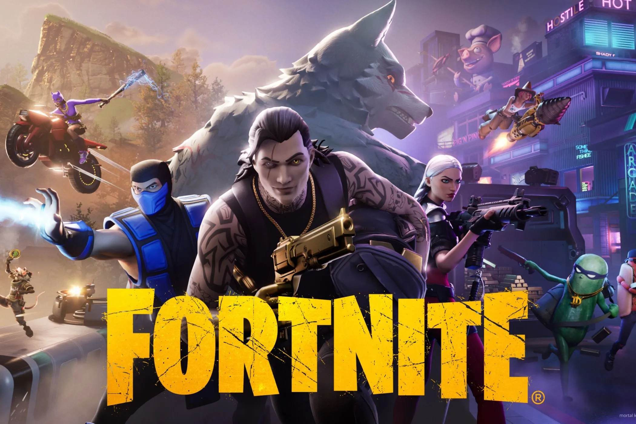 Hình ảnh quảng bá game Fortnite với các nhân vật và yếu tố Battle Royale, game phổ biến thập niên 2010
