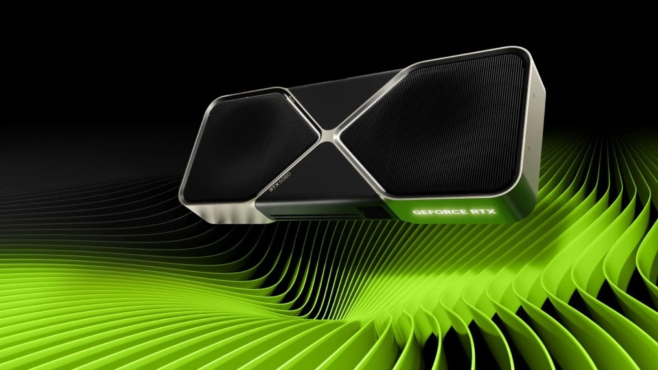 Hình ảnh quảng cáo GPU GeForce RTX 5080 trên nền xanh