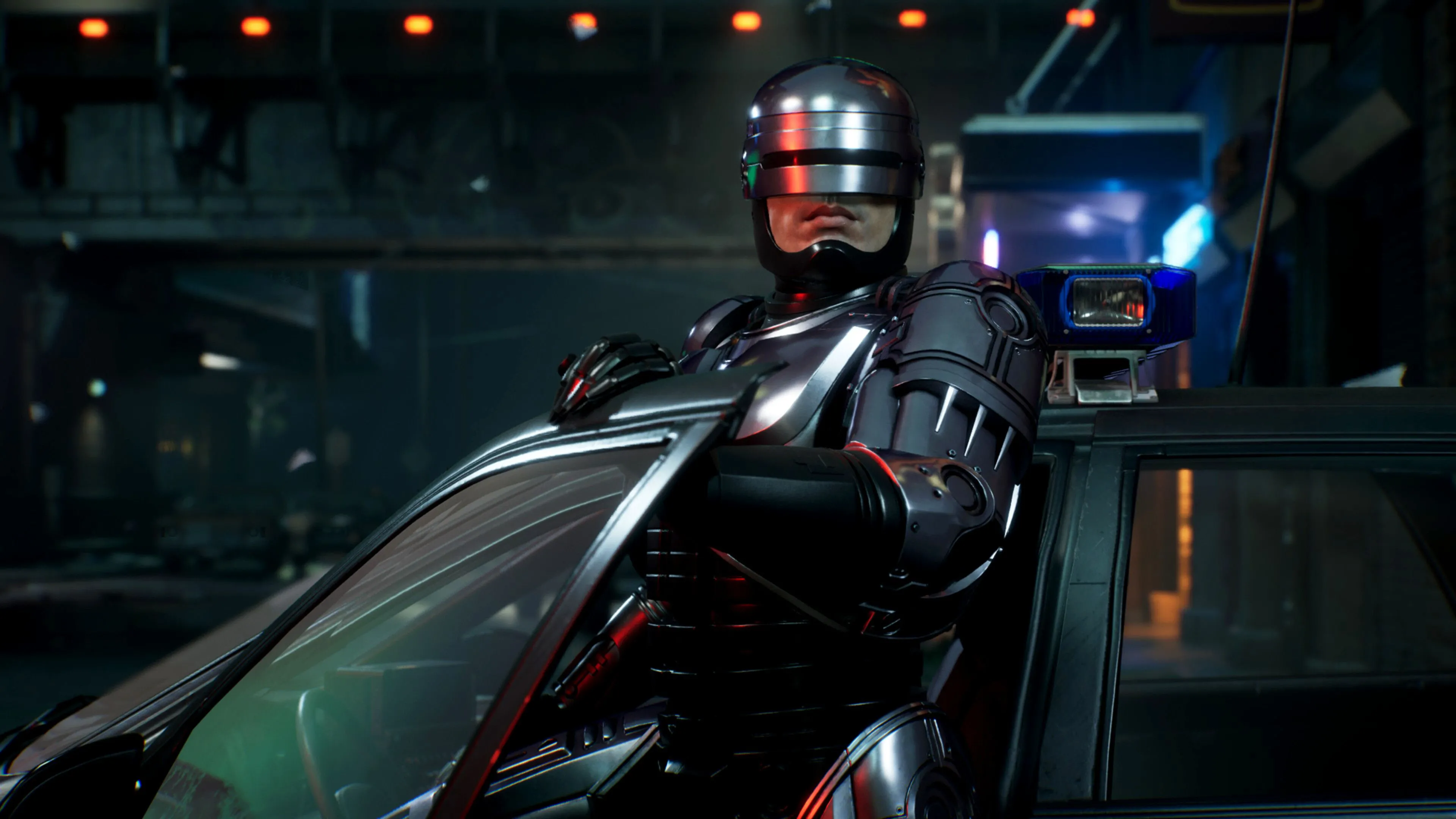 Hình ảnh RoboCop bước ra từ xe trong game RoboCop: Rogue City, thể hiện lối chơi bắn súng góc nhìn thứ nhất và bối cảnh thành phố Detroit u ám.