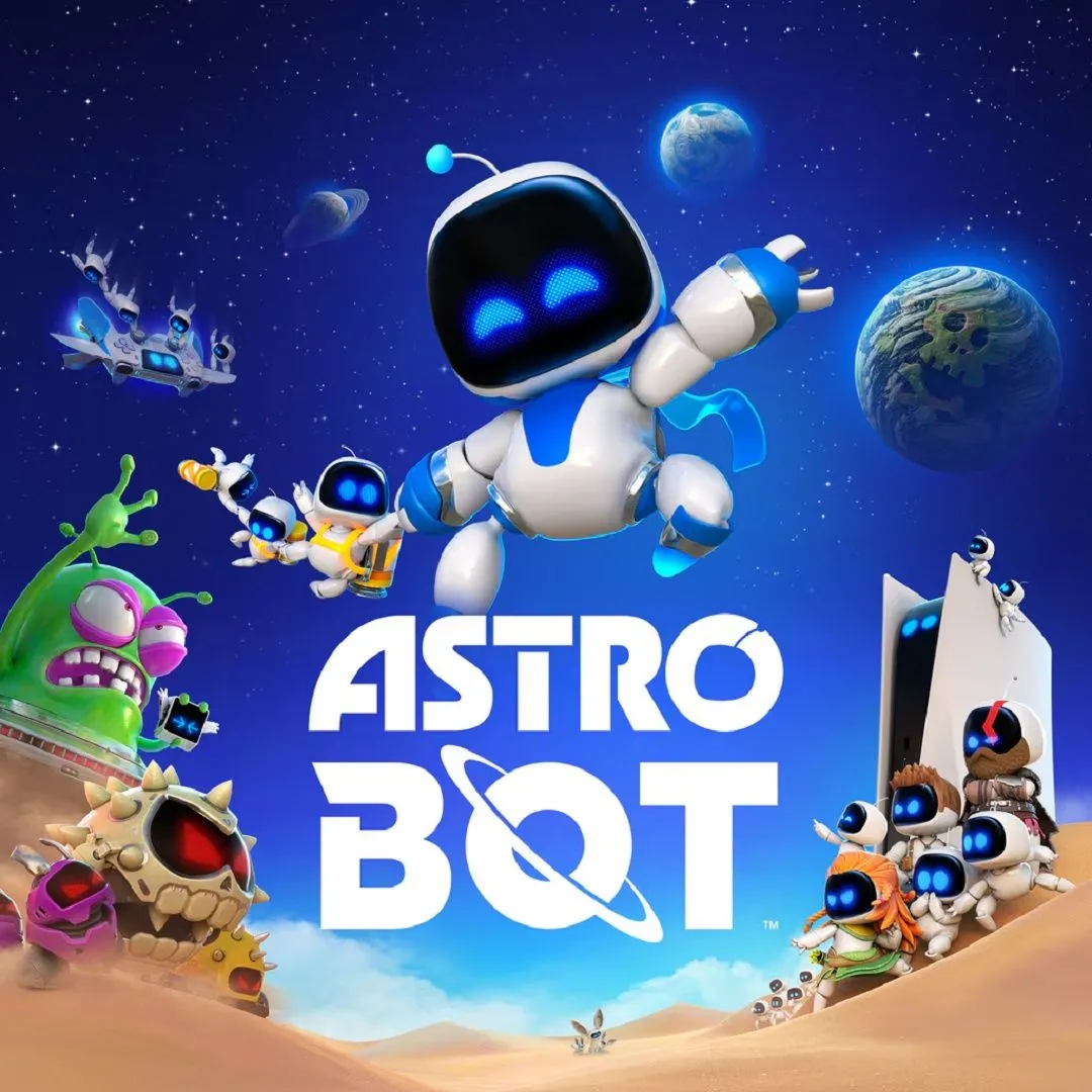 Hình ảnh sản phẩm game Astro Bot với nhân vật chính đang bay lượn trên một hành tinh đầy màu sắc, thể hiện cơ chế platformer sáng tạo.